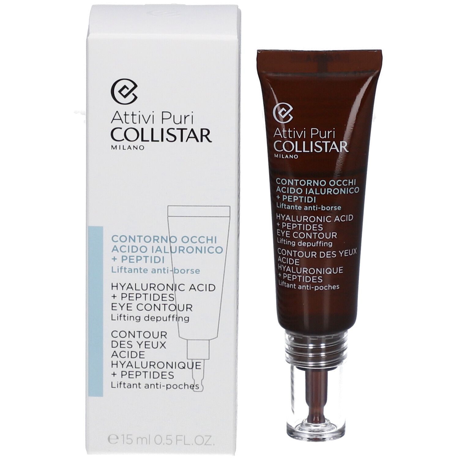 Produkt und Verpackung. Attivi Puri Collistar. Contorno Occhi Acido Ialuronico + Peptidi. Eye Contour. 15 ml. 0.5 FL.OZ.