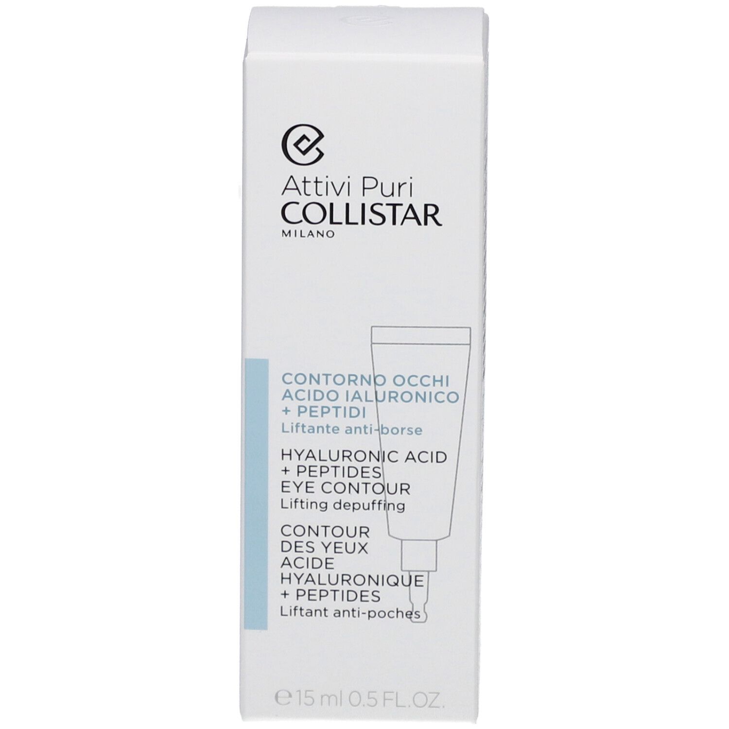 Verpackung. Attivi Puri Collistar. Contorno Occhi Acido Ialuronico + Peptidi. Eye Contour. 15 ml. 0.5 FL.OZ. Produktabbildung.