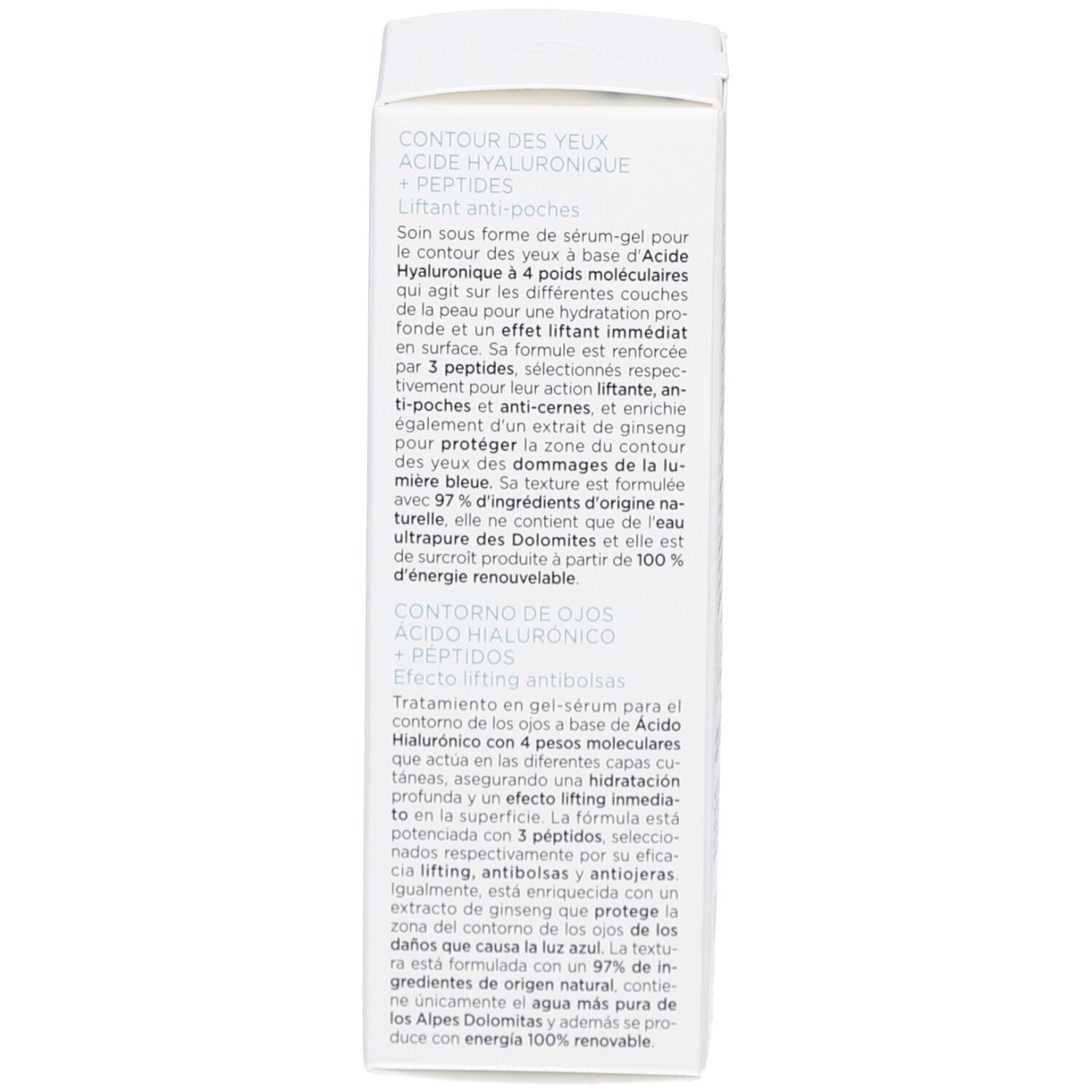 Verpackungsrückseite. Text über Hyaluronsäure und Peptide. Contorno de ojos. 97% Inhaltsstoffe natürlichen Ursprungs.