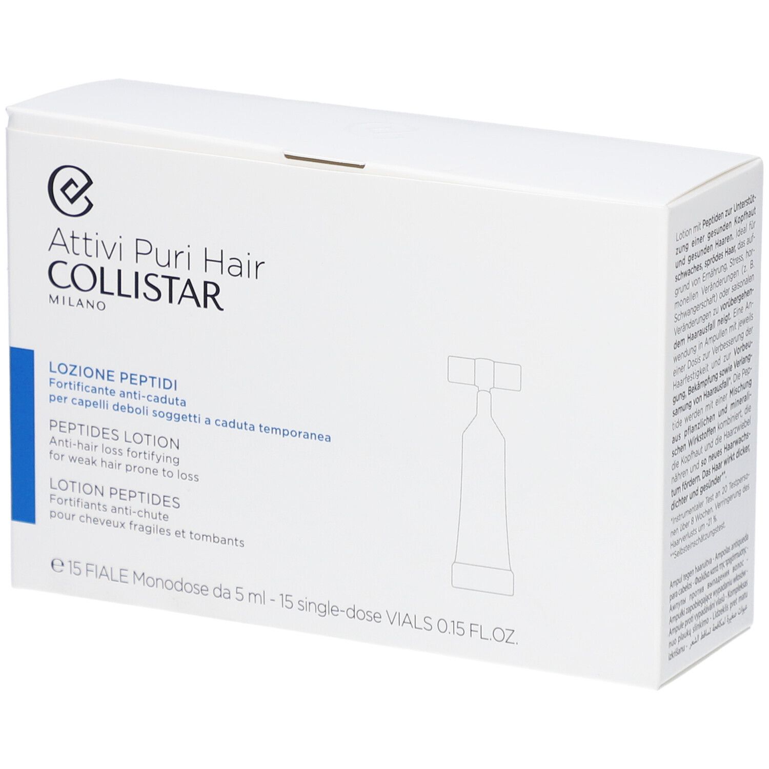 Weiße Schachtel mit Produktaufdruck. Text: Attivi Puri Hair Collistar, Lozione Peptidi, Peptides Lotion, Lotion Peptides.