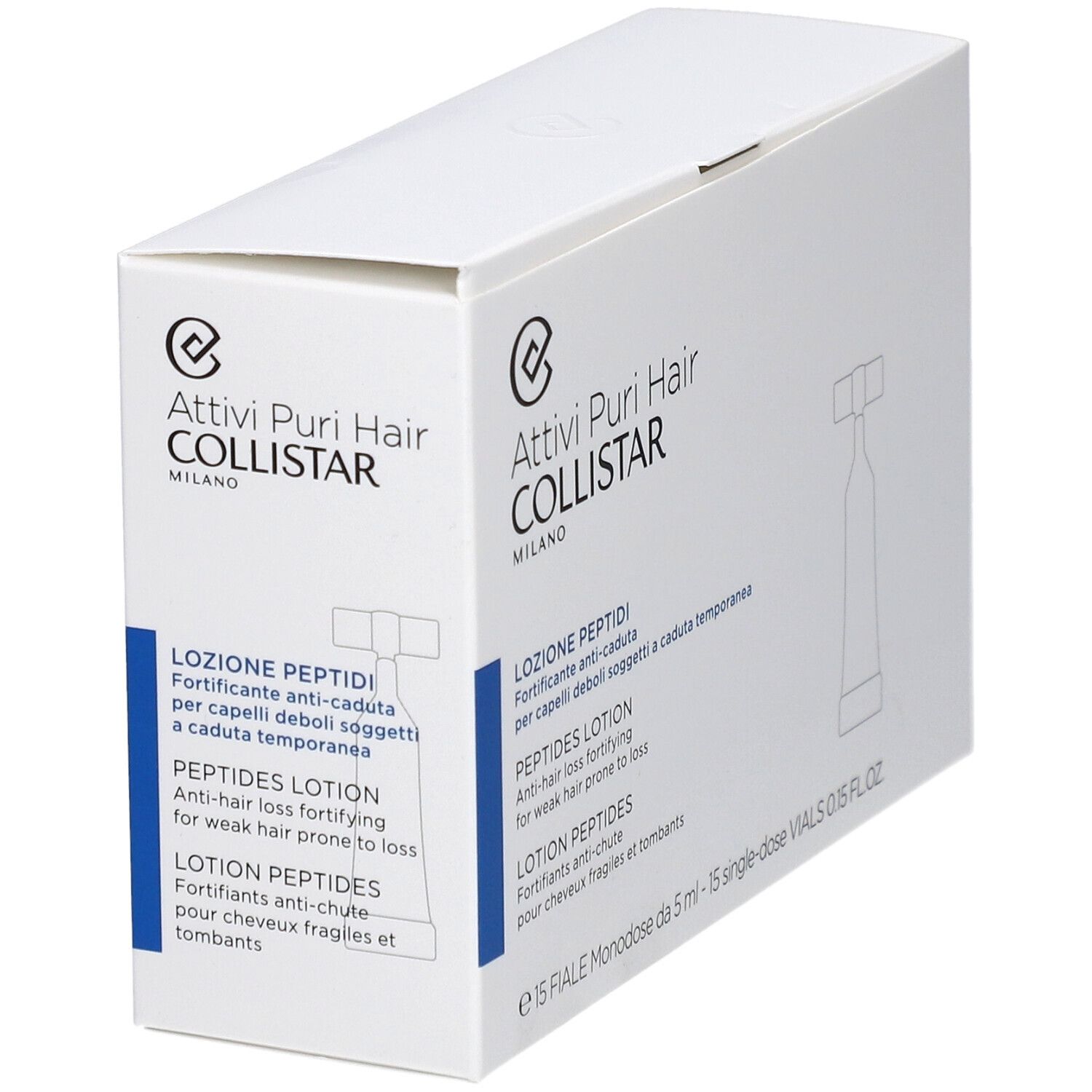 Weiße Schachtel mit Produktaufdruck. Text: Attivi Puri Hair Collistar, Lozione Peptidi, Peptides Lotion, Lotion Peptides.