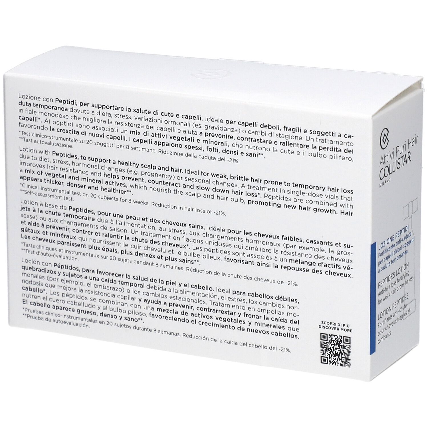 Rückseite der weißen Schachtel mit Produktinformationen. Text: Attivi Puri Hair Collistar, Lozione Peptidi, Peptides Lotion, Lotion Peptides.