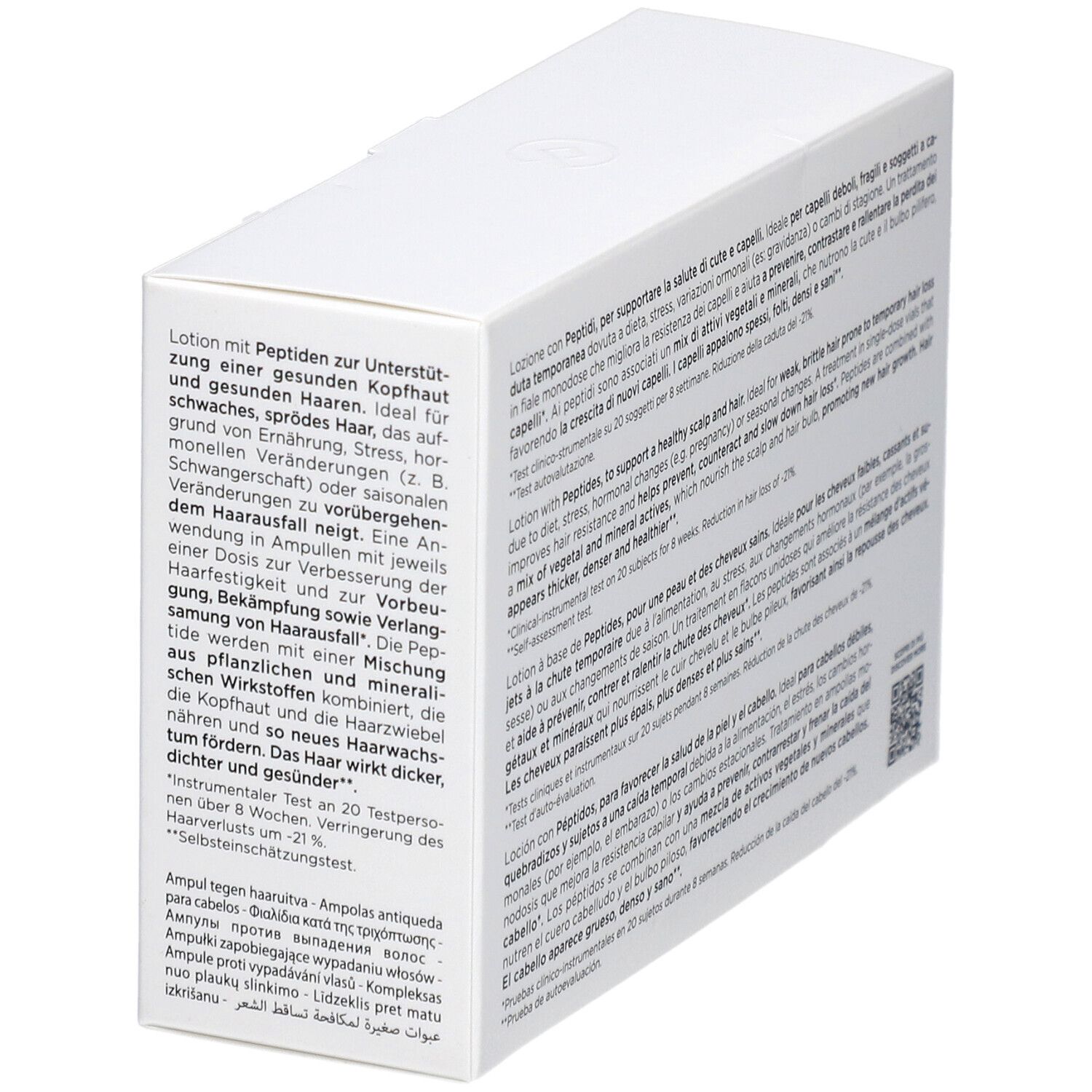 Rückseite der weißen Schachtel mit Produktinformationen. Text: Attivi Puri Hair Collistar, Lozione Peptidi, Peptides Lotion, Lotion Peptides.
