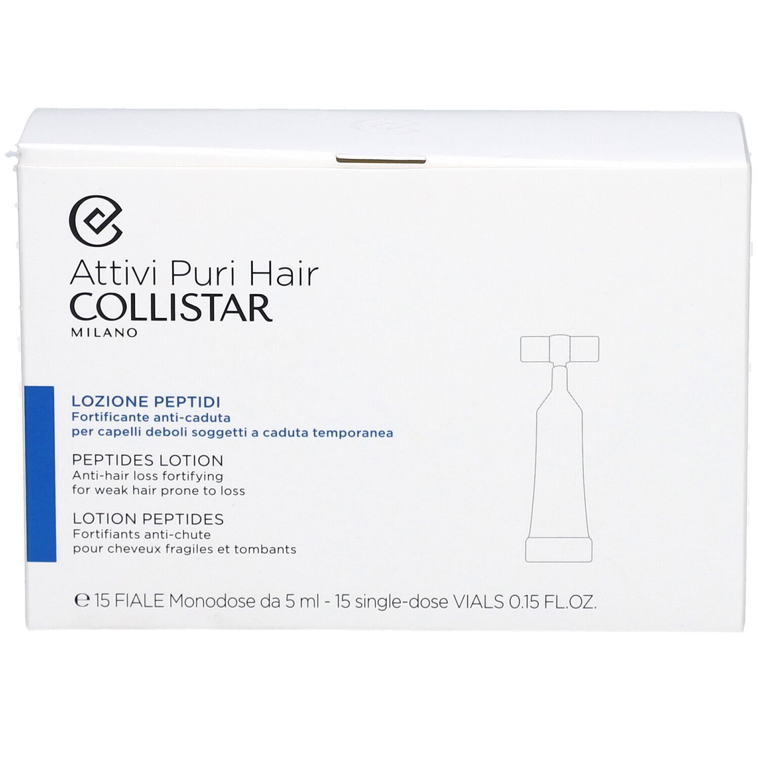 Weiße Schachtel mit Produktaufdruck. Text: Attivi Puri Hair Collistar, Lozione Peptidi, Peptides Lotion, Lotion Peptides.