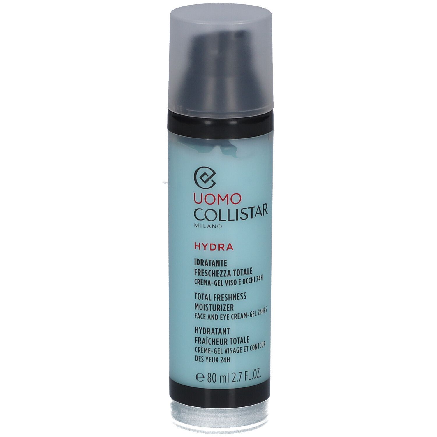 Zylindrische Flasche mit blauem Inhalt und schwarzem Deckel. Text: Uomo Collistar, Hydra, Total Freshness Moisturizer.