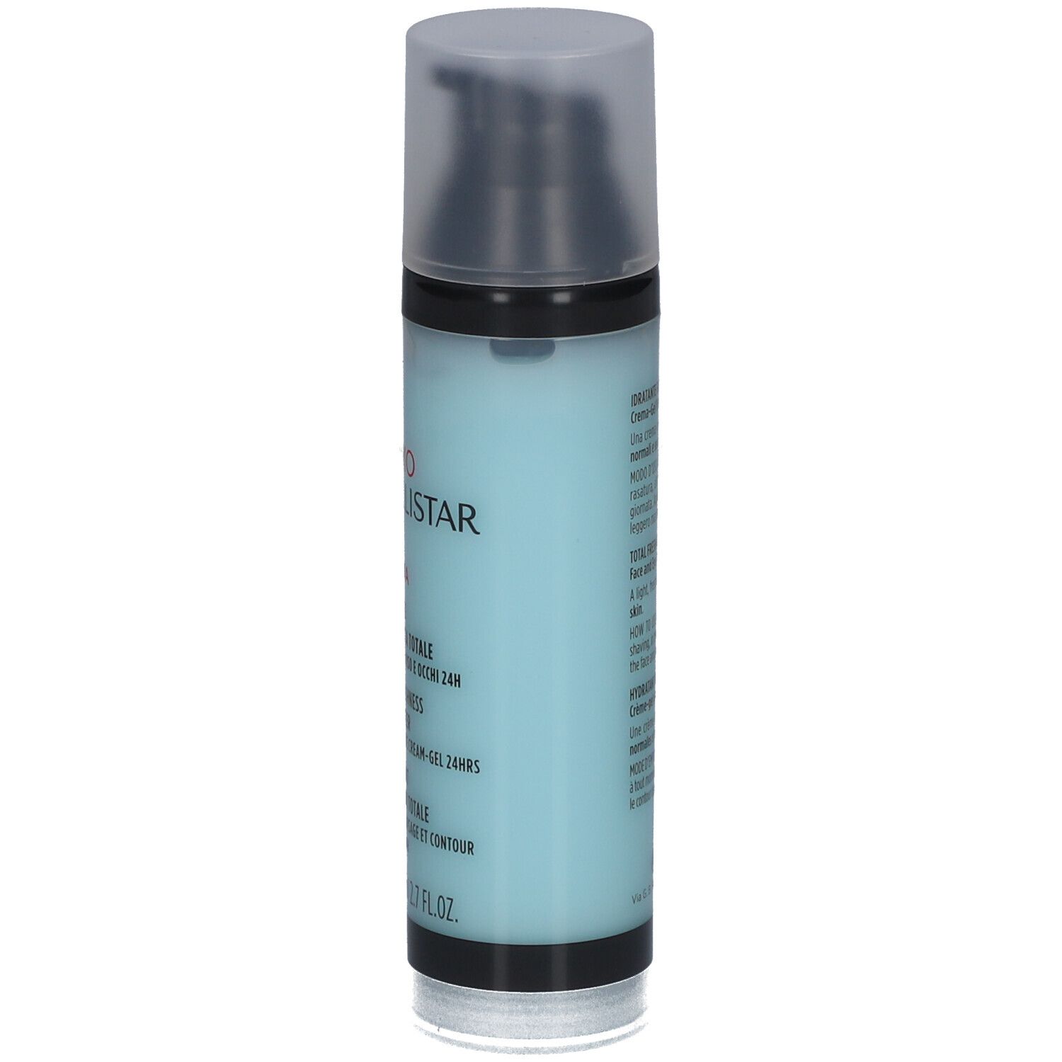Zylindrische Flasche mit blauem Inhalt und schwarzem Deckel. Text: Uomo Collistar, Hydra, Total Freshness Moisturizer.