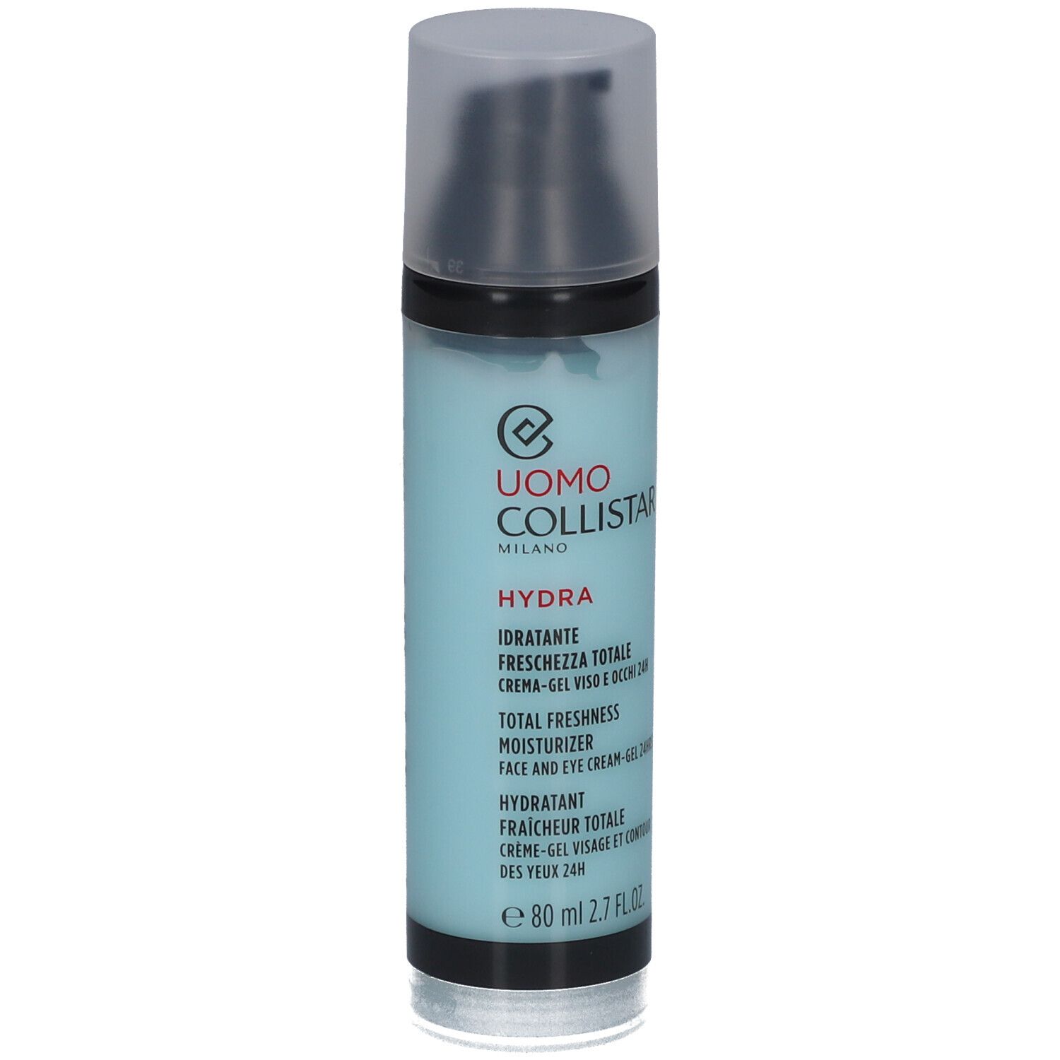 Zylindrische Flasche mit blauem Inhalt und schwarzem Deckel. Text: Uomo Collistar, Hydra, Total Freshness Moisturizer.