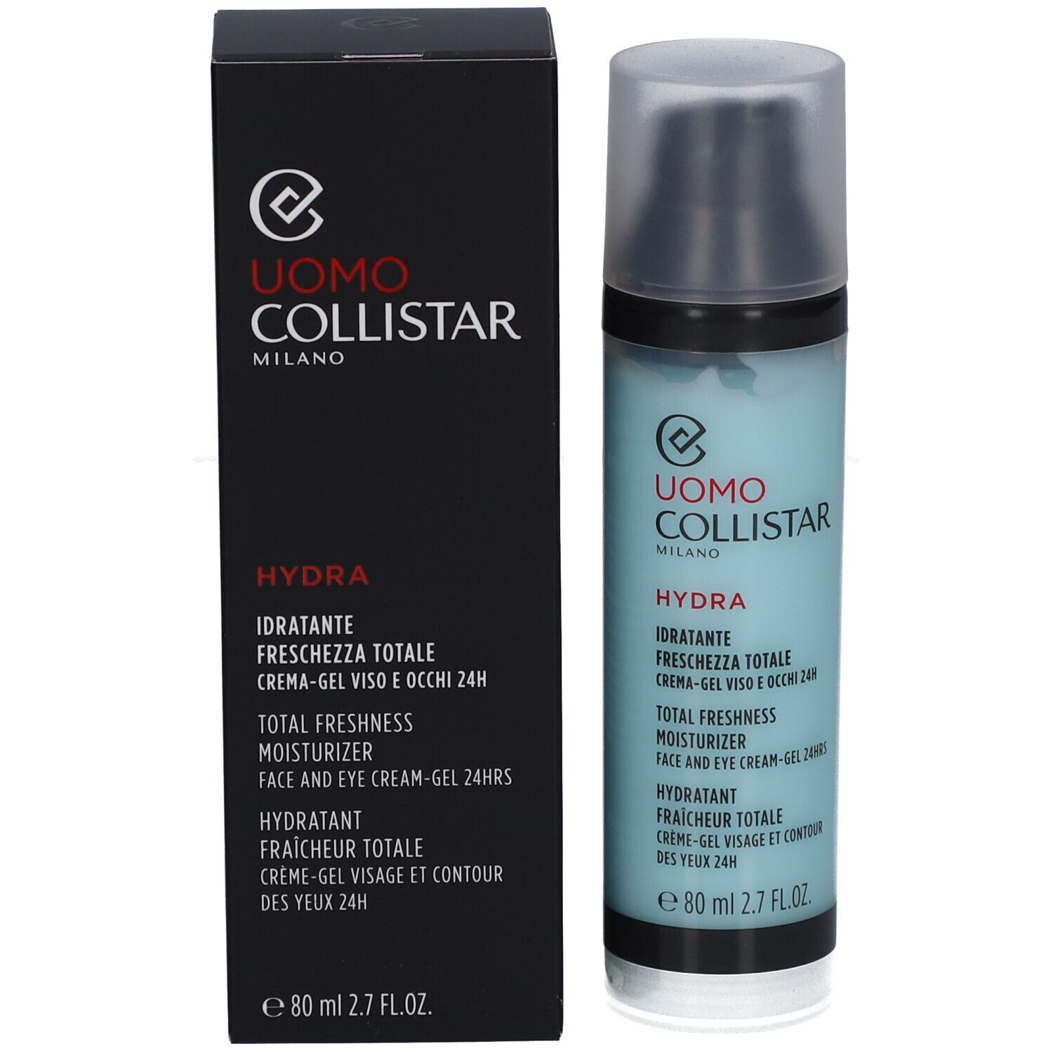 Produktflasche und schwarze Verpackung. Text: Uomo Collistar, Hydra, Total Freshness Moisturizer, 80 ml.
