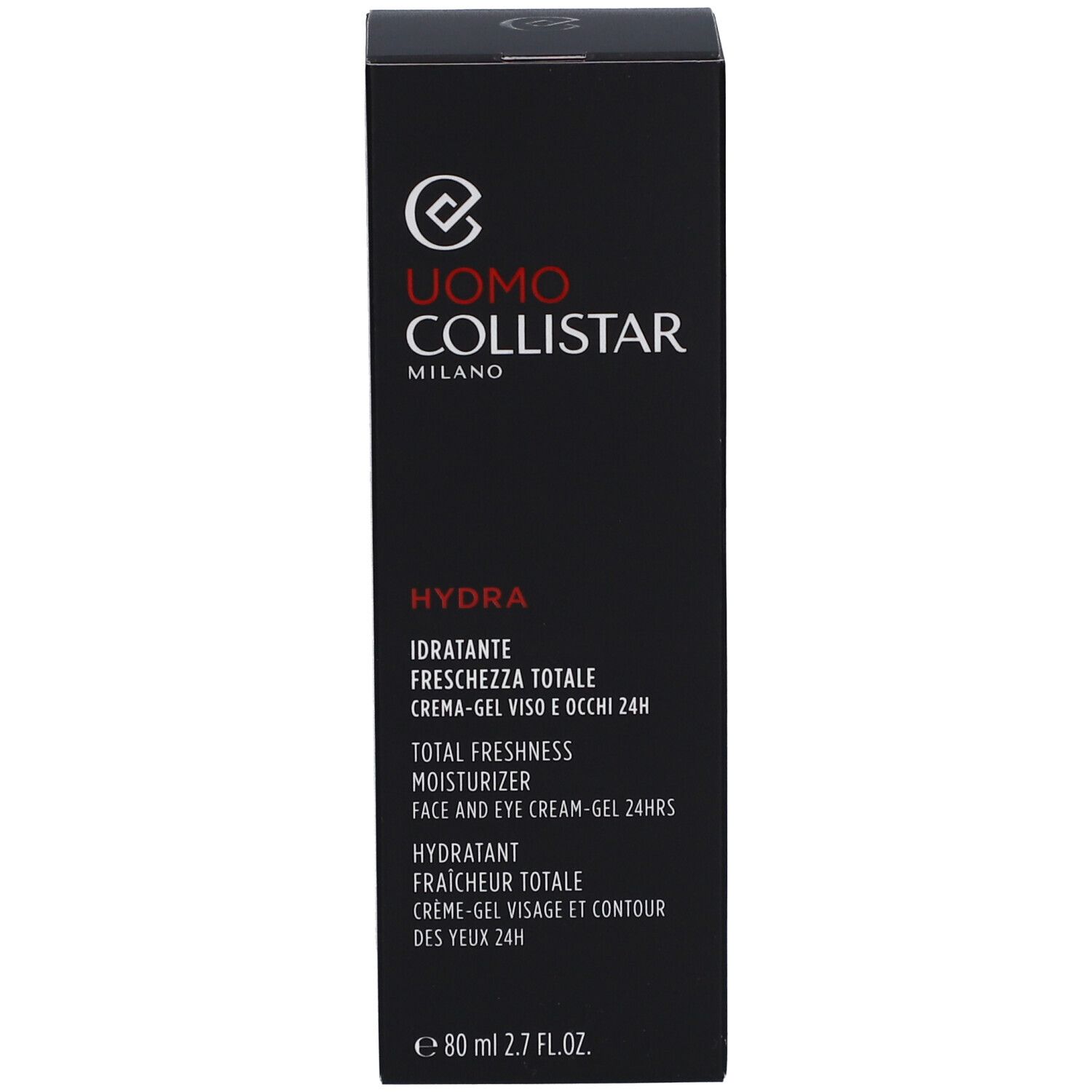 Schwarze Verpackung. Text: Uomo Collistar, Hydra, Total Freshness Moisturizer, 80 ml.