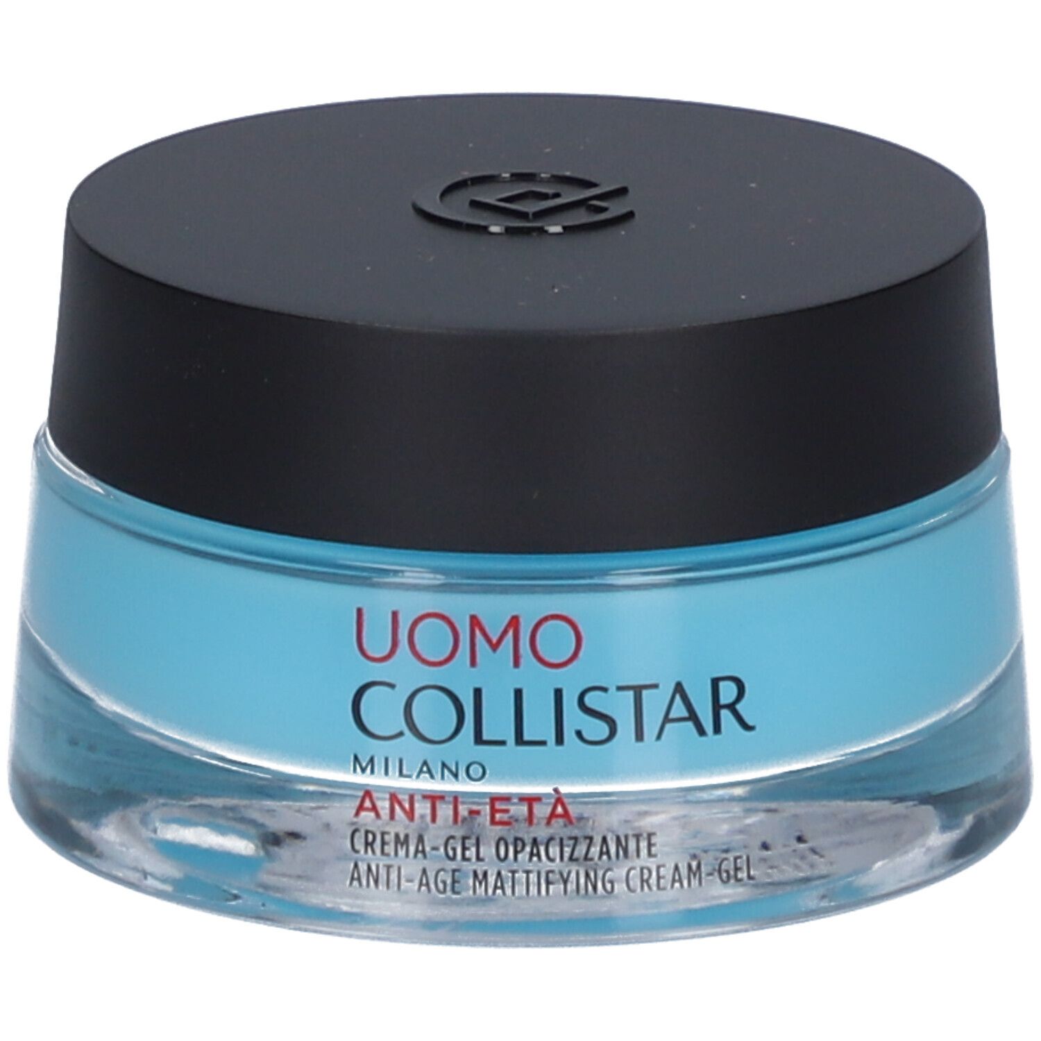 Blaues Creme-Gel in einem Glasbehälter mit schwarzem Deckel. Aufschrift: Uomo Collistar, Anti-Age.