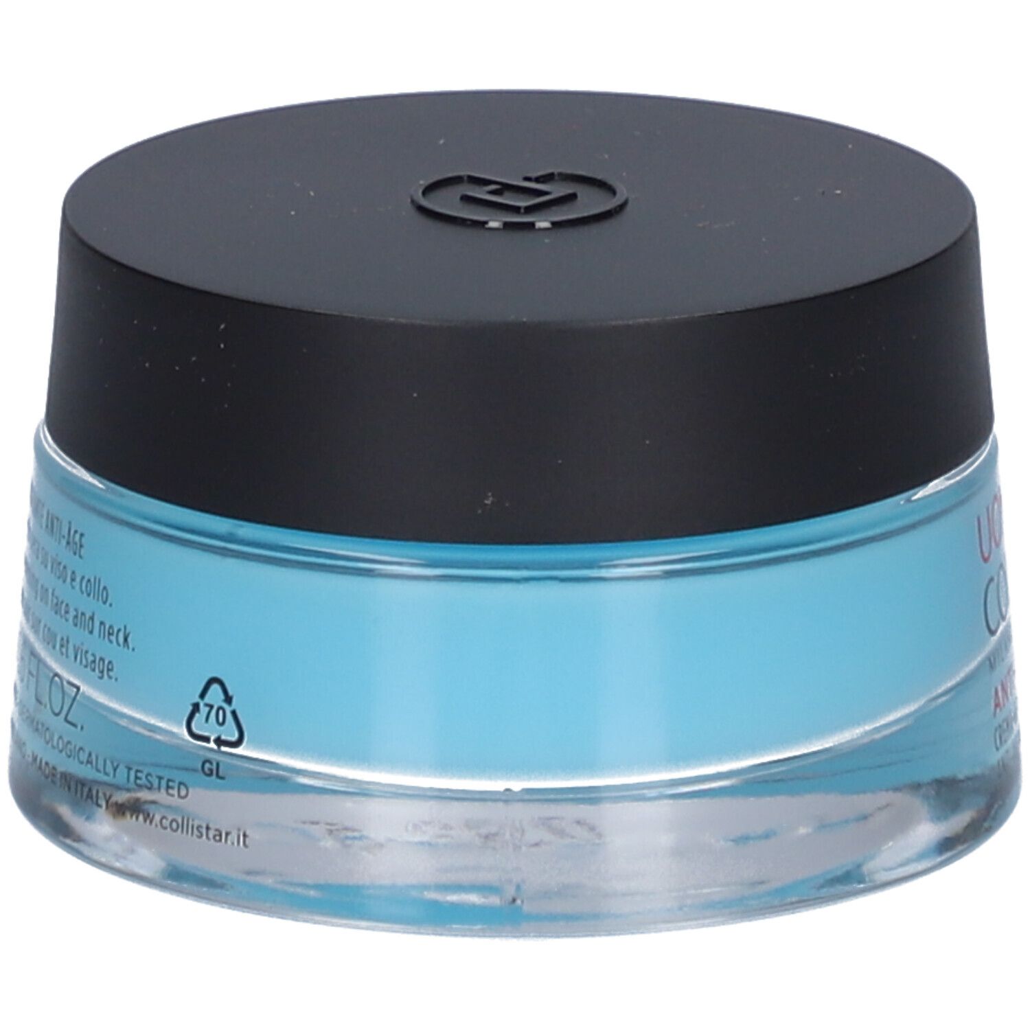 Blaues Creme-Gel in einem Glasbehälter mit schwarzem Deckel. Aufschrift und Recycling-Symbol.