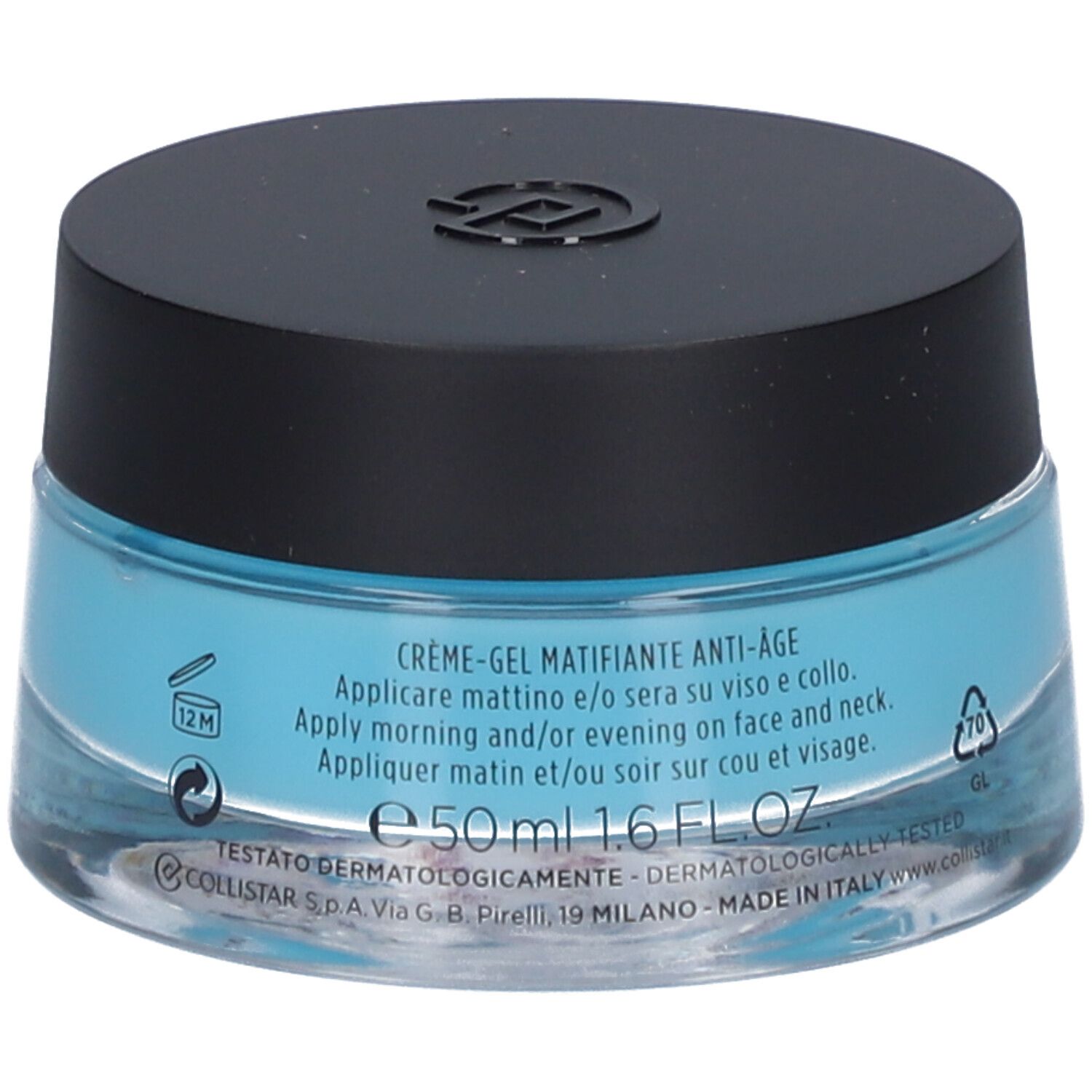 Blaues Creme-Gel in einem Glasbehälter mit schwarzem Deckel. Aufschrift: 50 ml, 1.6 FL.OZ. und Anweisungen.