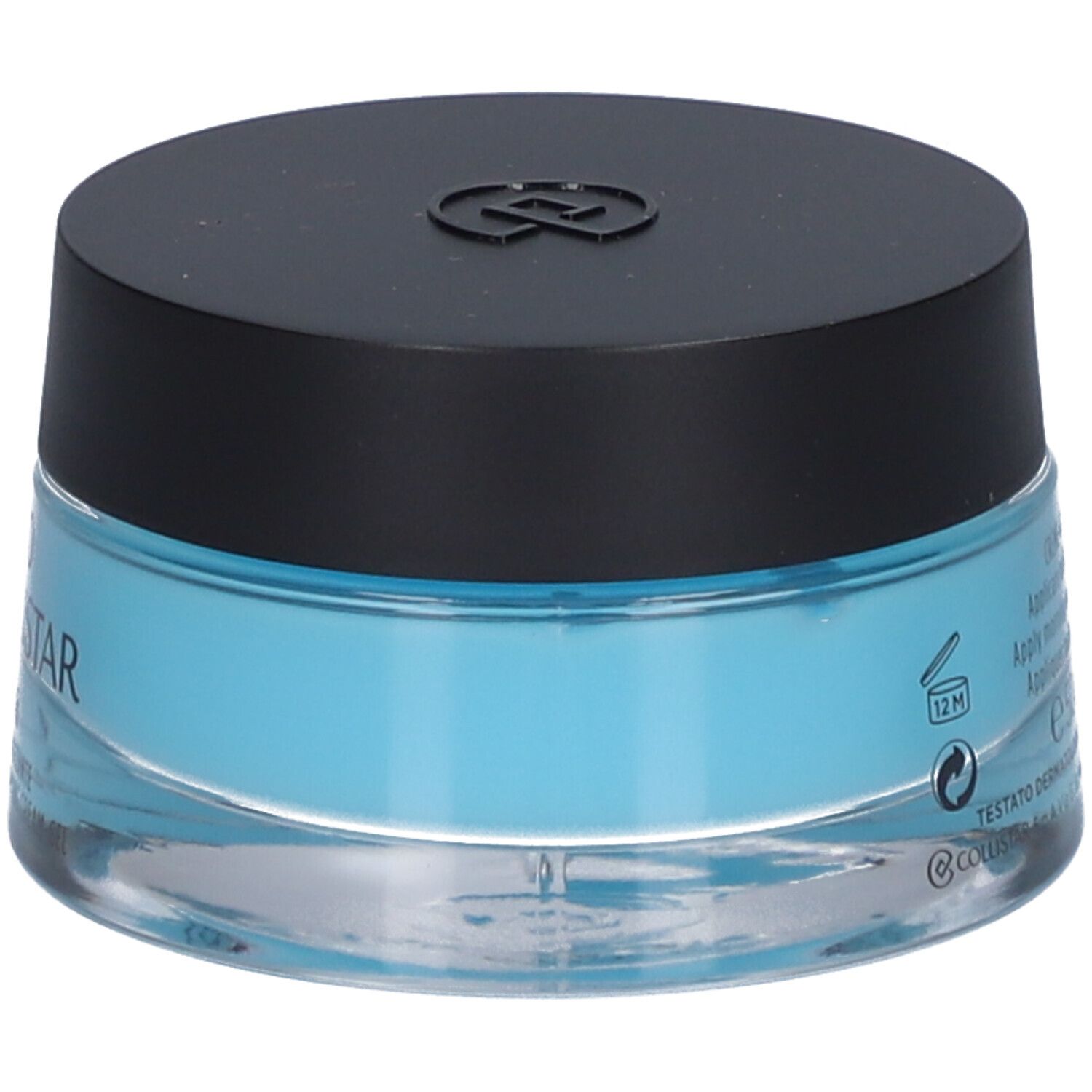 Blaues Creme-Gel in einem Glasbehälter mit schwarzem Deckel. Aufschrift und Recycling-Symbol.