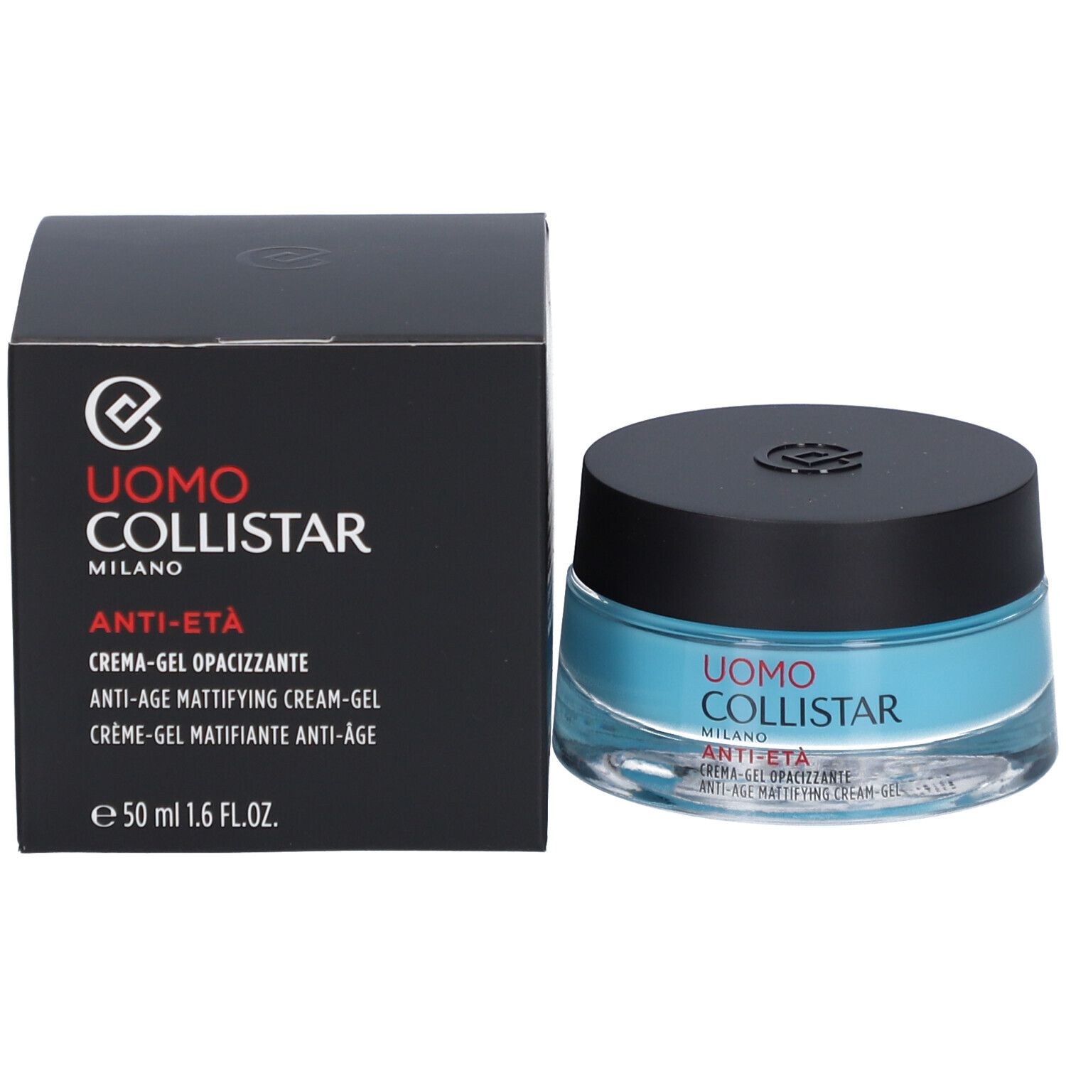 Creme-Gel und Verpackung. Schwarze Schachtel mit Aufschrift: Uomo Collistar, Anti-Age, 50 ml.