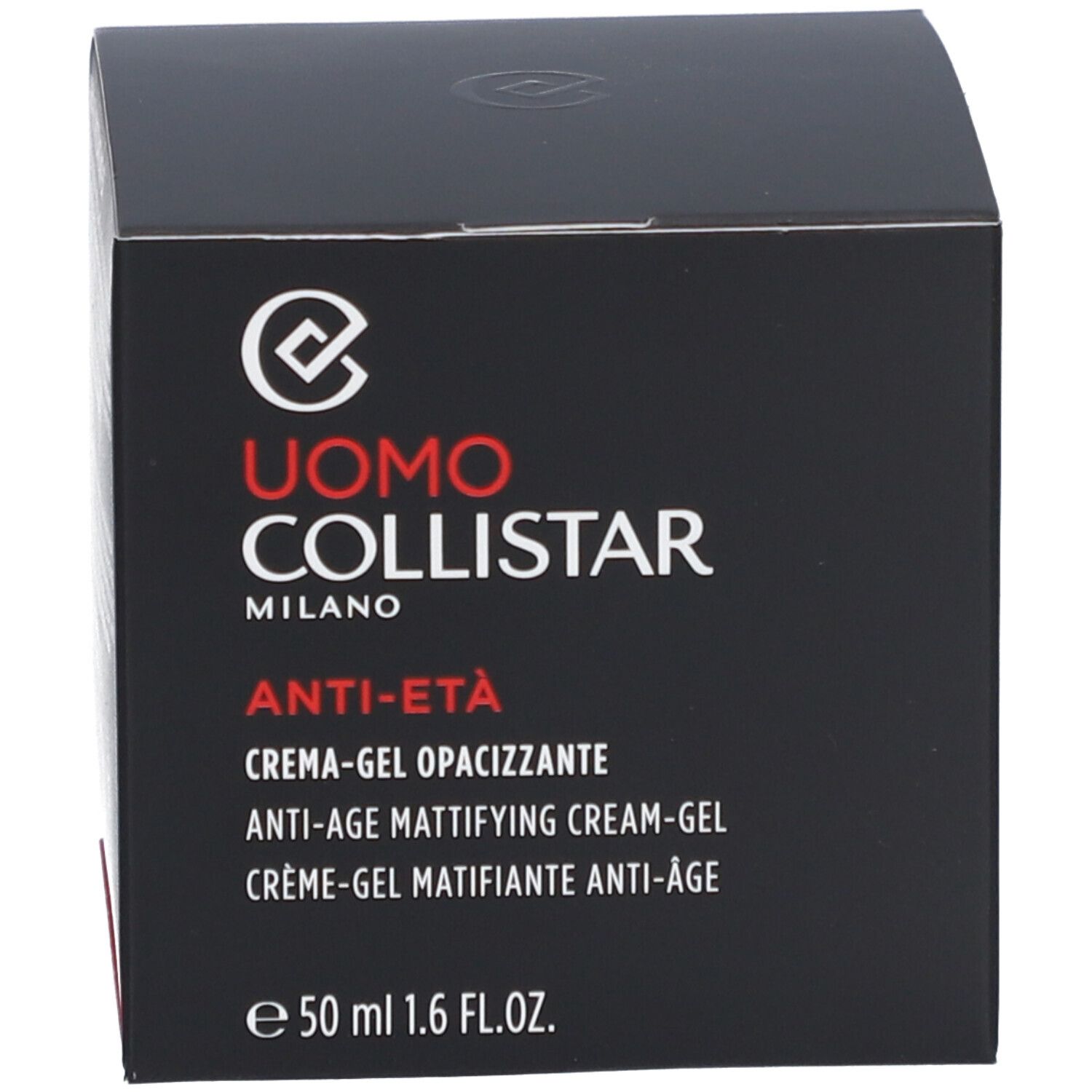 Schwarze Schachtel mit Aufschrift: Uomo Collistar, Anti-Age, 50 ml.
