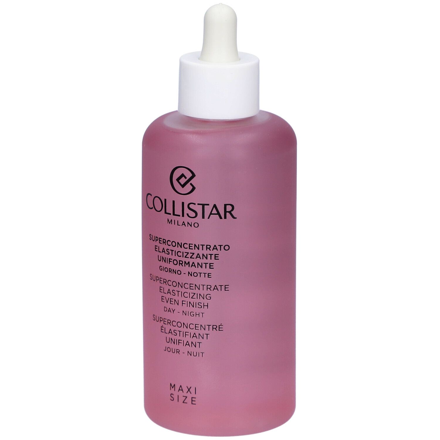 Rosa Flasche mit weißem Deckel und Pipette. Text: Collistar, Superconcentrate Elasticizing Even Finish Day-Night. Maxi Size.