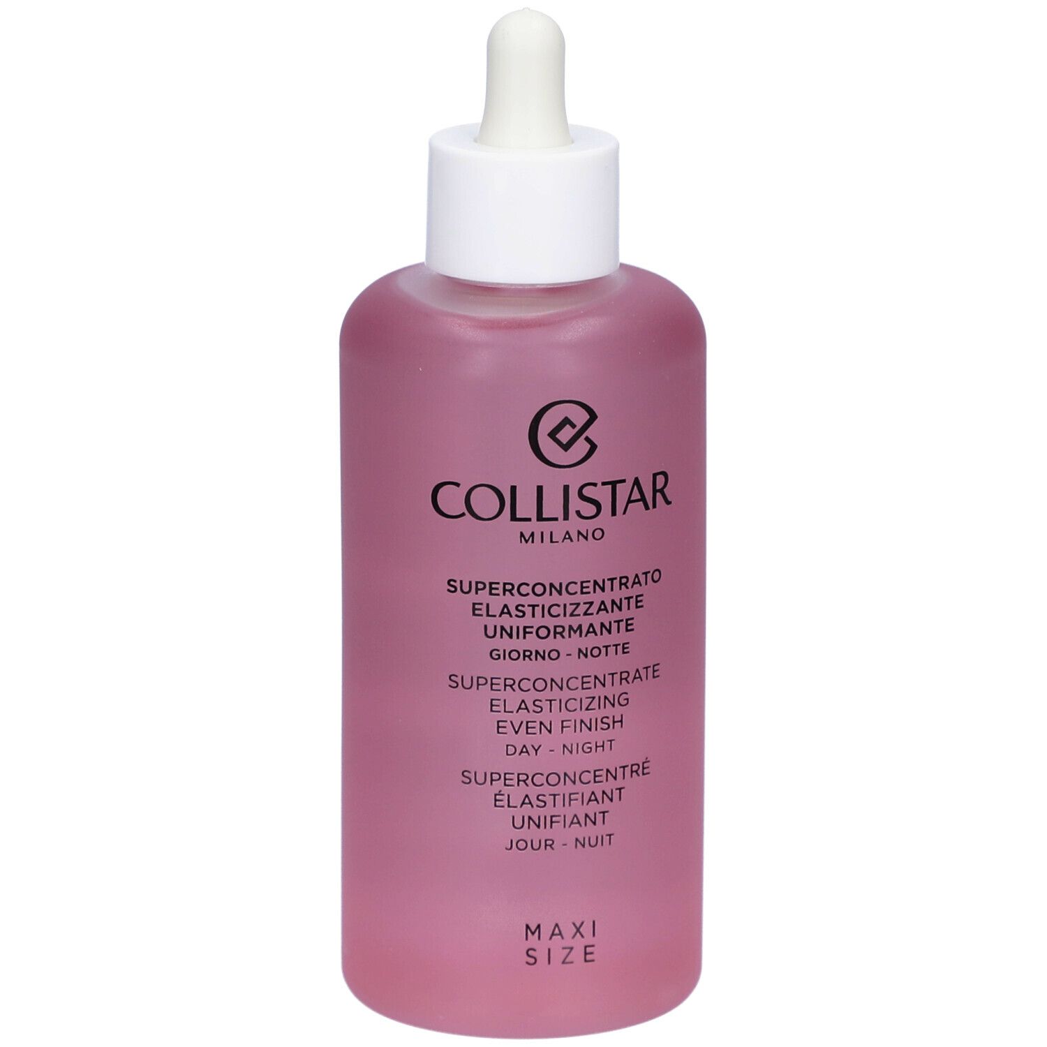 Rosa Flasche mit weißem Deckel und Pipette. Text: Collistar, Superconcentrate Elasticizing Even Finish Day-Night. Maxi Size.