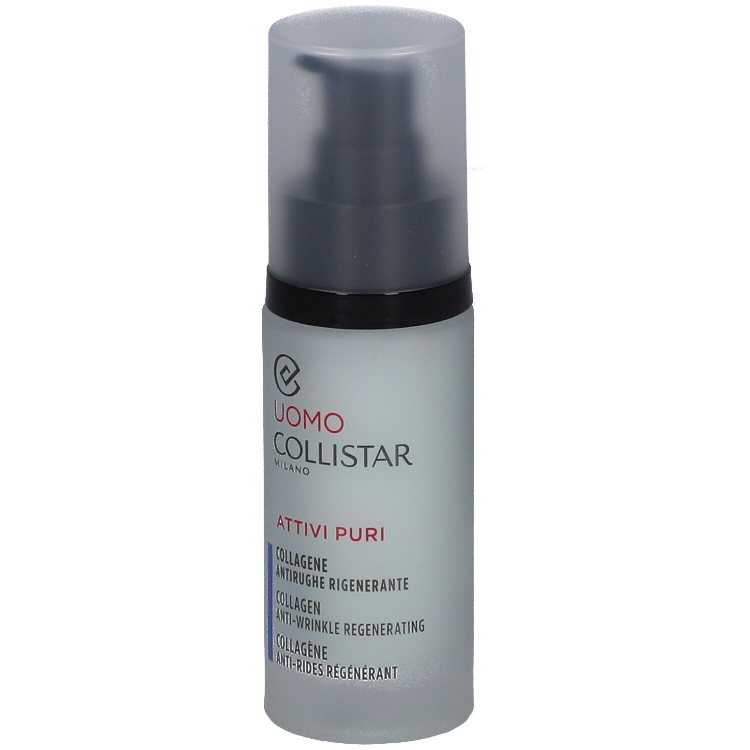 Hautpflegeflasche mit schwarzem Pumpkopf. Aufschrift: Uomo Collistar, Attivi Puri, Collagene Anti-Rides Régénérant.