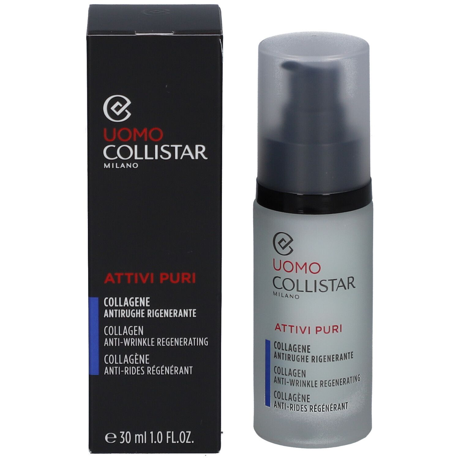Hautpflegeflasche und Schachtel. Aufschrift: Uomo Collistar, Attivi Puri, Collagene Anti-Rides Régénérant.