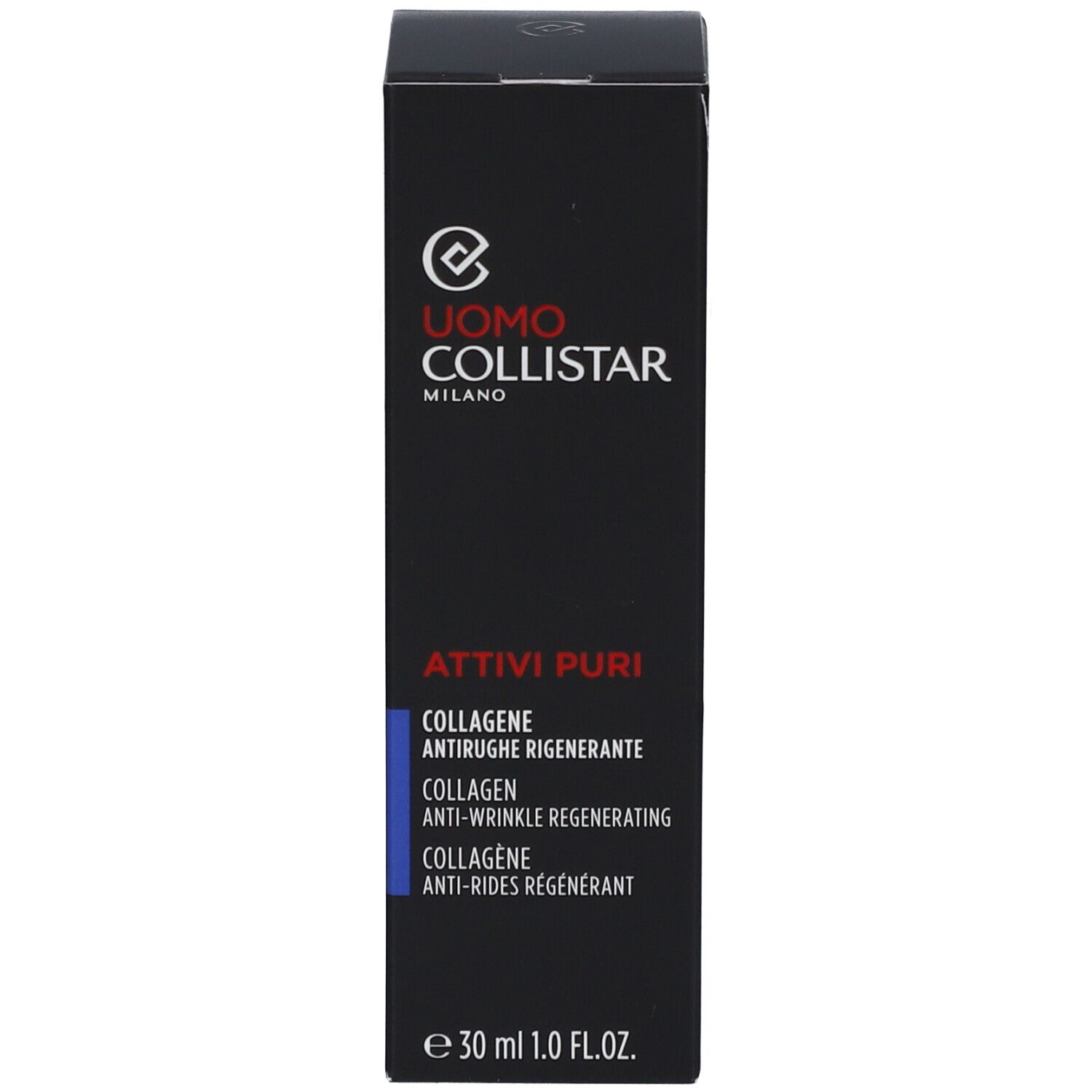 Schachtel mit Aufschrift: Uomo Collistar, Attivi Puri, Collagene Anti-Rides Régénérant.