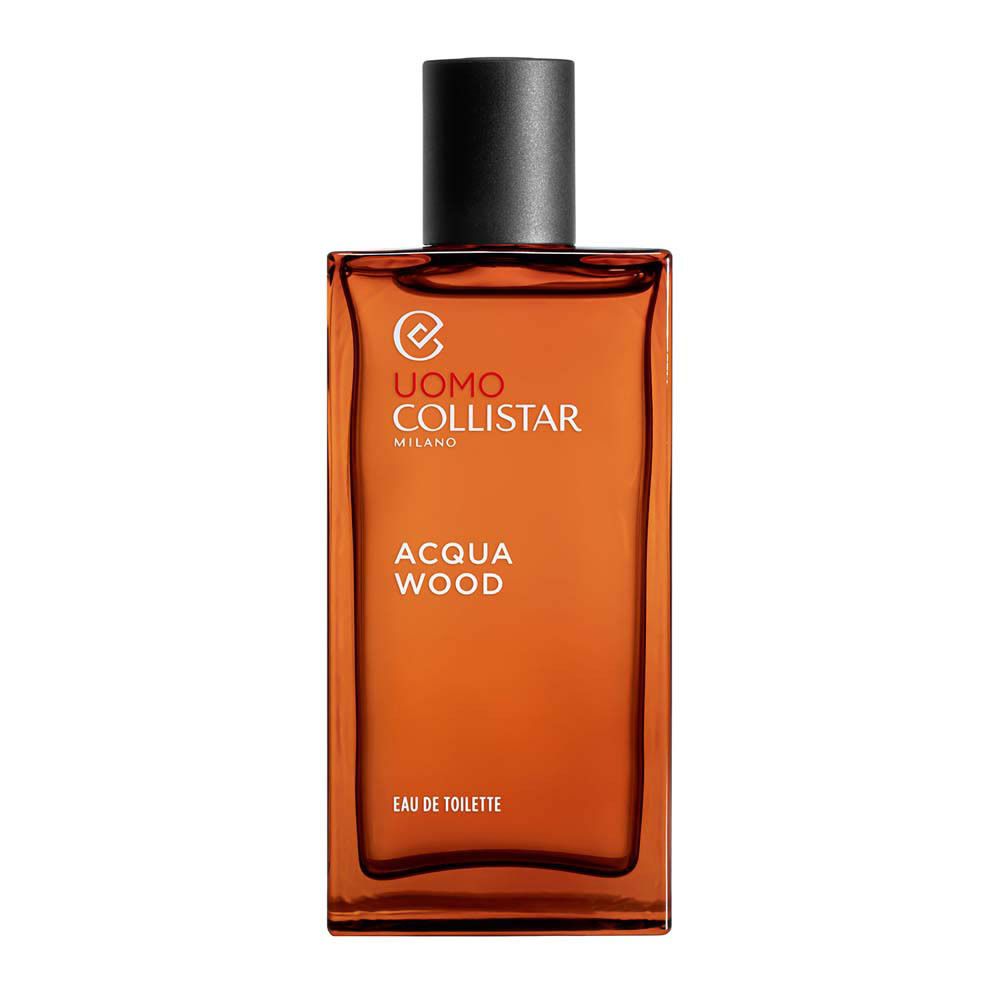 Bruine rechthoekige fles. Uomo Collistar Milano, Acqua Wood, Eau de Toilette. Zwarte dop.
