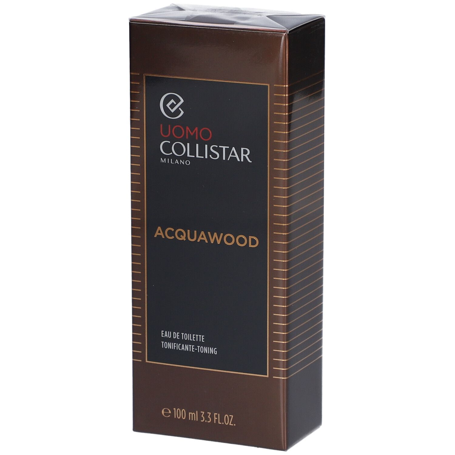 Bruine rechthoekige doos. Uomo Collistar Milano, Acqua Wood, Eau de Toilette. 100 ml.