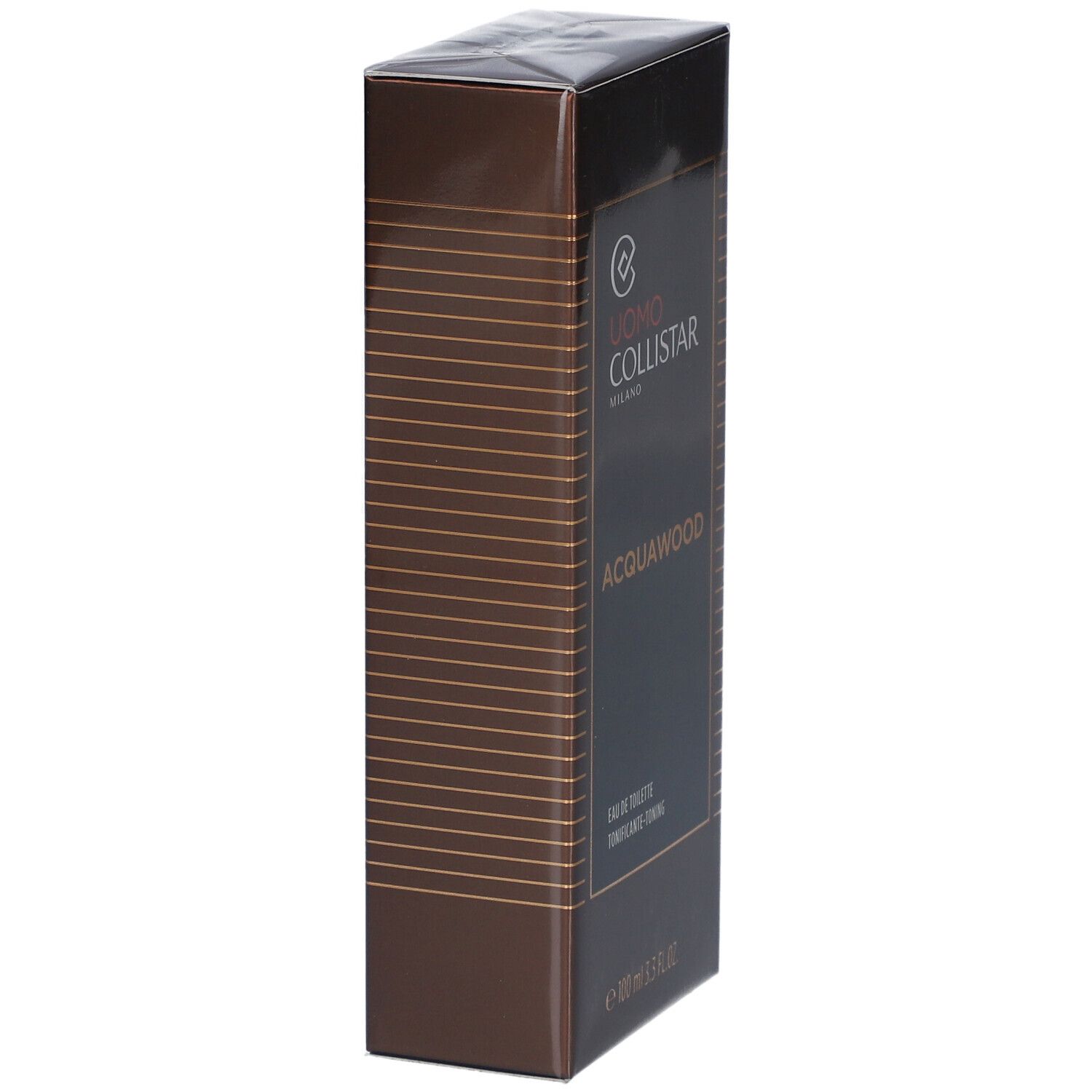 Bruine rechthoekige doos. Uomo Collistar Milano, Acqua Wood, Eau de Toilette. 100 ml.