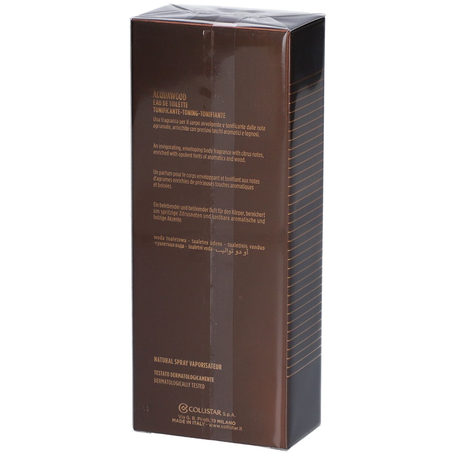 Bruine rechthoekige doos. Tekst in het Engels, Frans, Italiaans. Acqua Wood, Eau de Toilette.