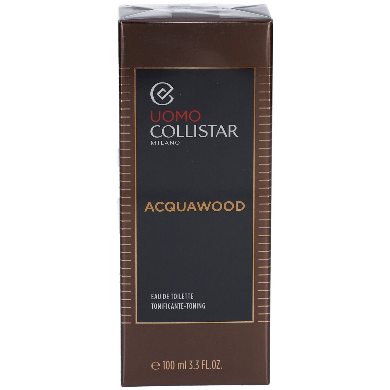Bruine rechthoekige doos. Uomo Collistar Milano, Acqua Wood, Eau de Toilette. 100 ml.