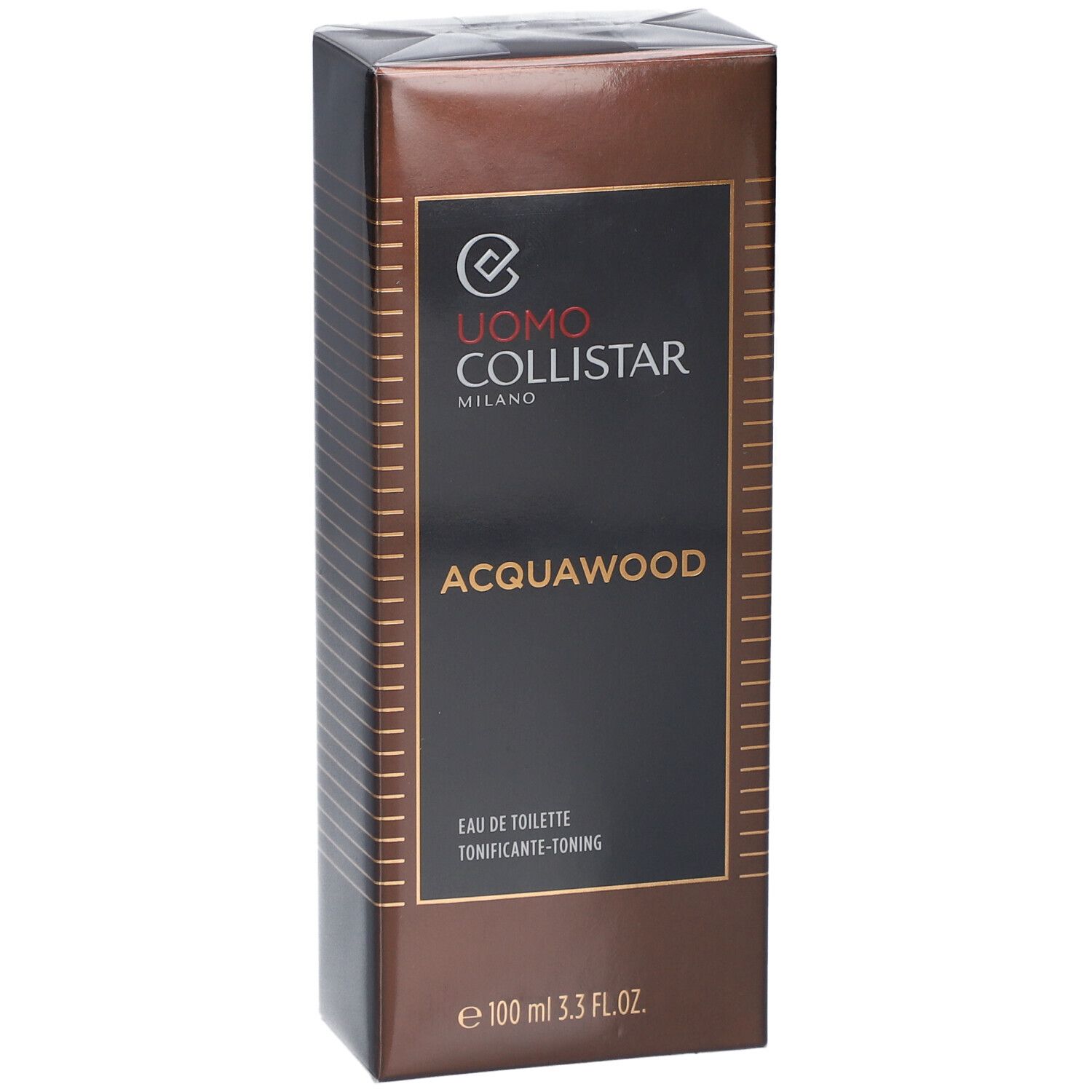Bruine rechthoekige doos. Uomo Collistar Milano, Acqua Wood, Eau de Toilette. 100 ml.
