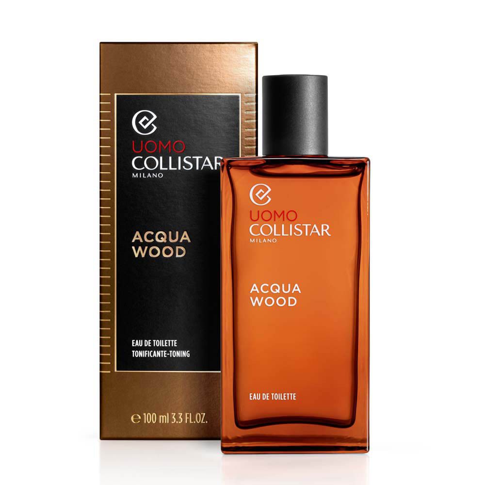Bruine rechthoekige fles en doos. Uomo Collistar Milano, Acqua Wood, Eau de Toilette. 100 ml.