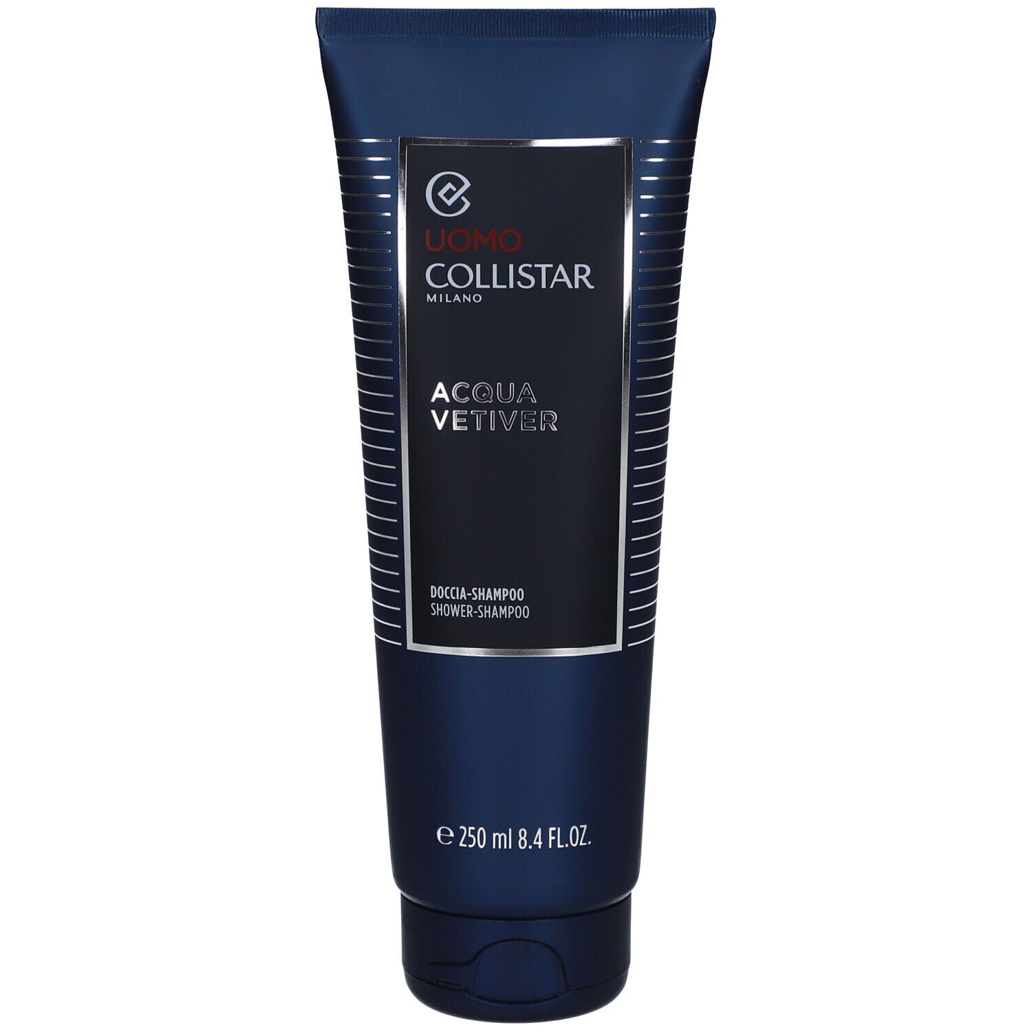 Blau-schwarze Tube mit Produktnamen und Logo. Text: Uomo Collistar, Acqua Vetiver, Douche-Shampoo, 250 ml.