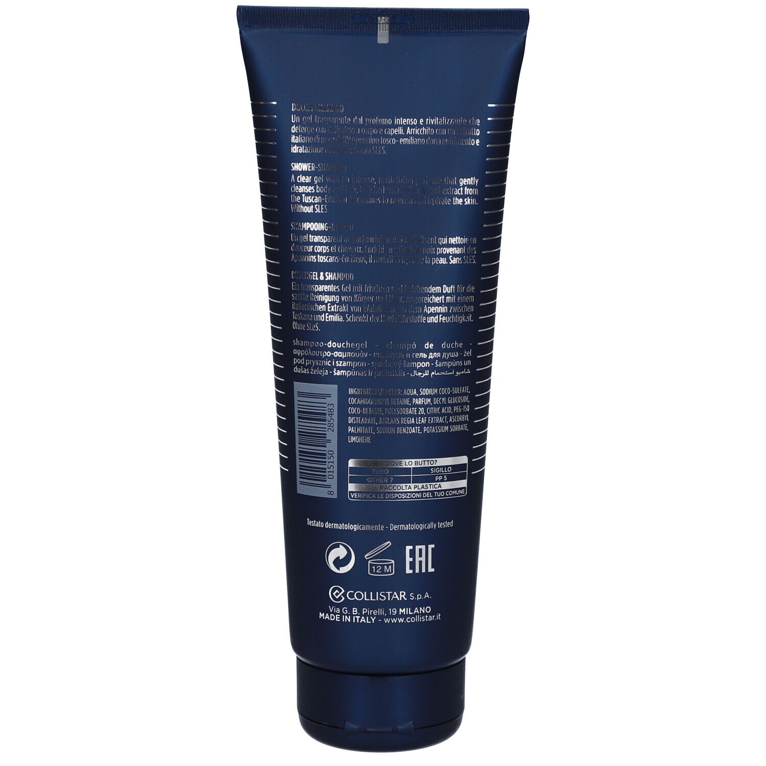 Rückseite einer blau-schwarzen Tube. Text: Inhaltsstoffe, Herstellerinformationen, Barcode, Logos.