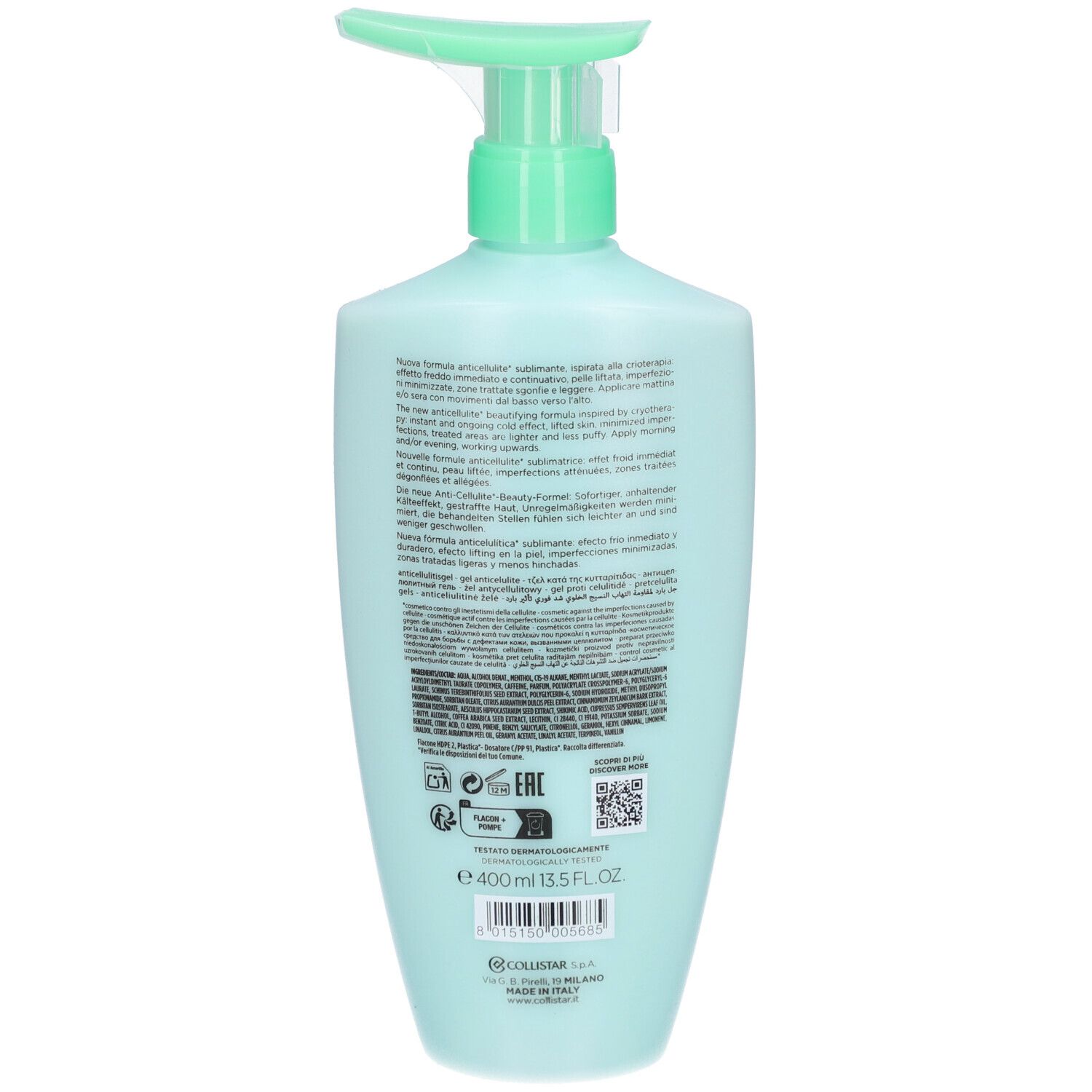 Rückseite einer hellblau-grünen Flasche. Text: Collistar, Crio-Gel, Inhaltsstoffe, EAN-Code, 400 ml, 13.5 FL. OZ.