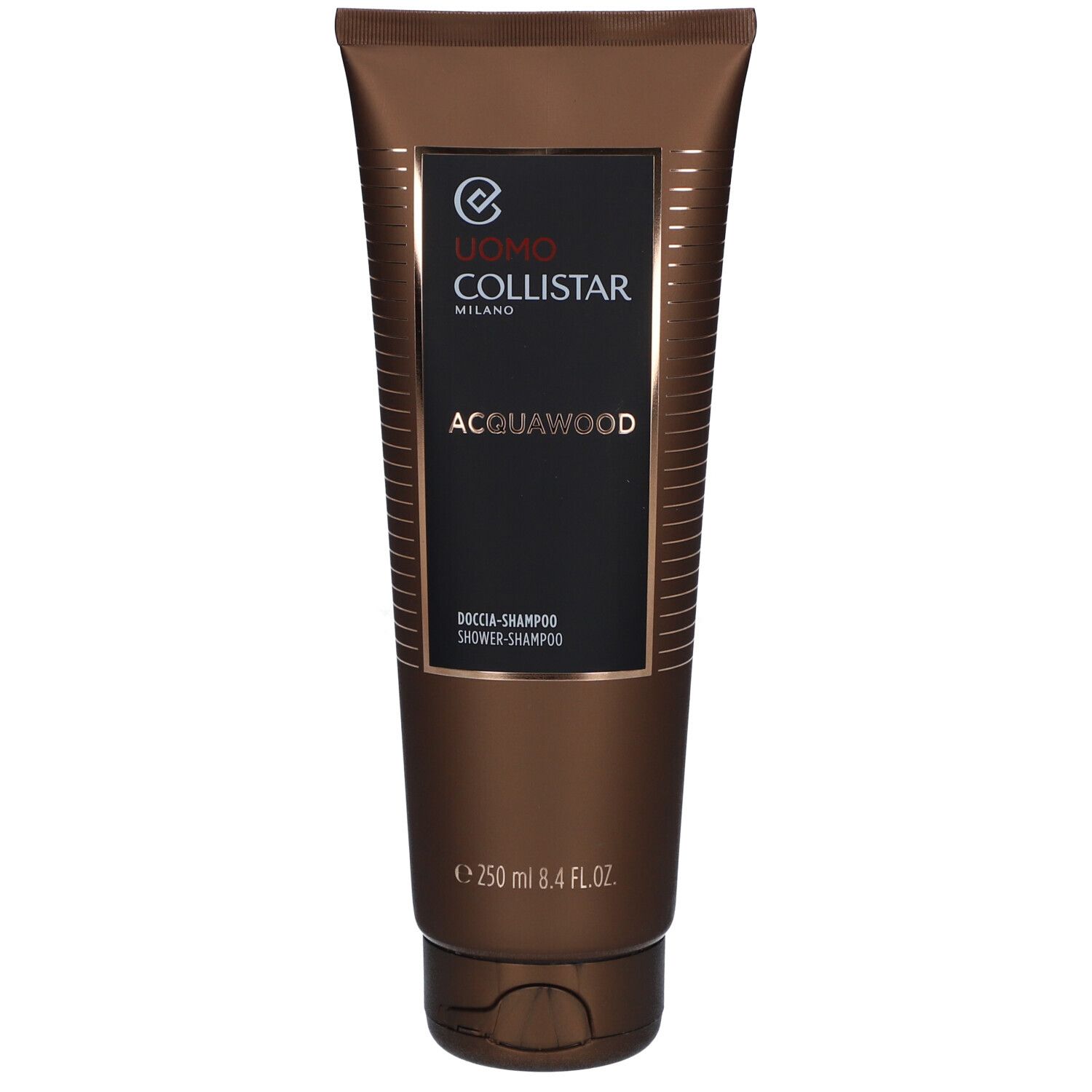 Braune Tube mit schwarzem Etikett. Aufschrift: Uomo Collistar, Acqua Wood, Dusch-Shampoo. Unten: 250 ml.