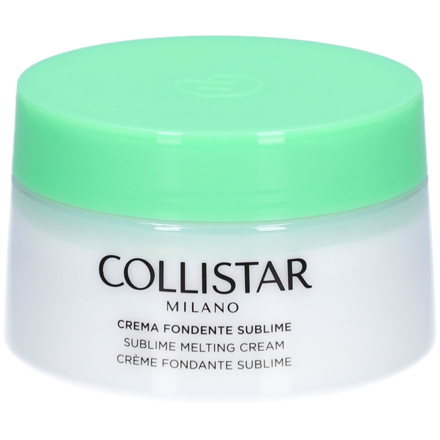 Creme-Tiegel mit grünem Deckel. Aufschrift: Collistar Milano, Crema Fondente Sublime, Sublime Melting Cream, Crème Fondante Sublime.