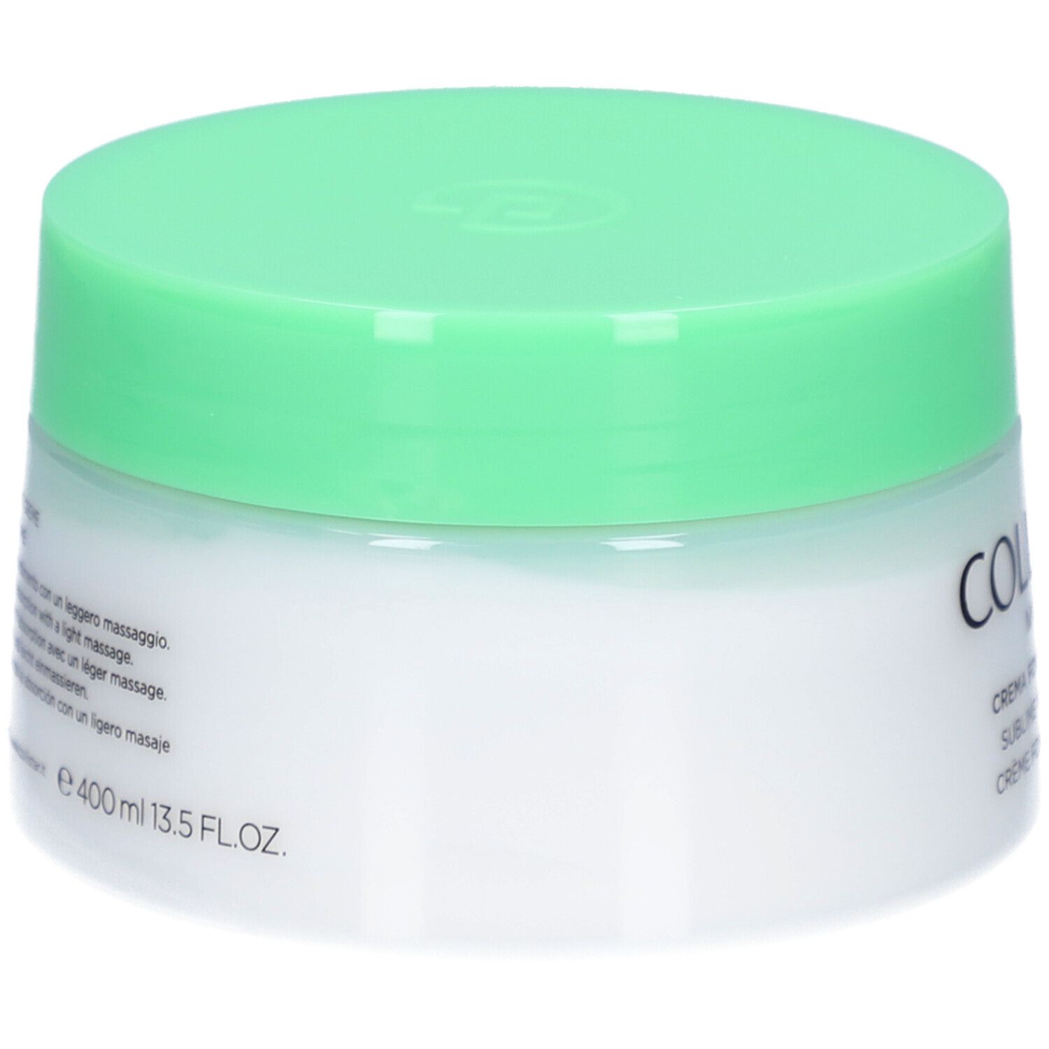 Creme-Tiegel mit grünem Deckel. Auf der Seite: Text, 400 ml, 13,5 FL.OZ.