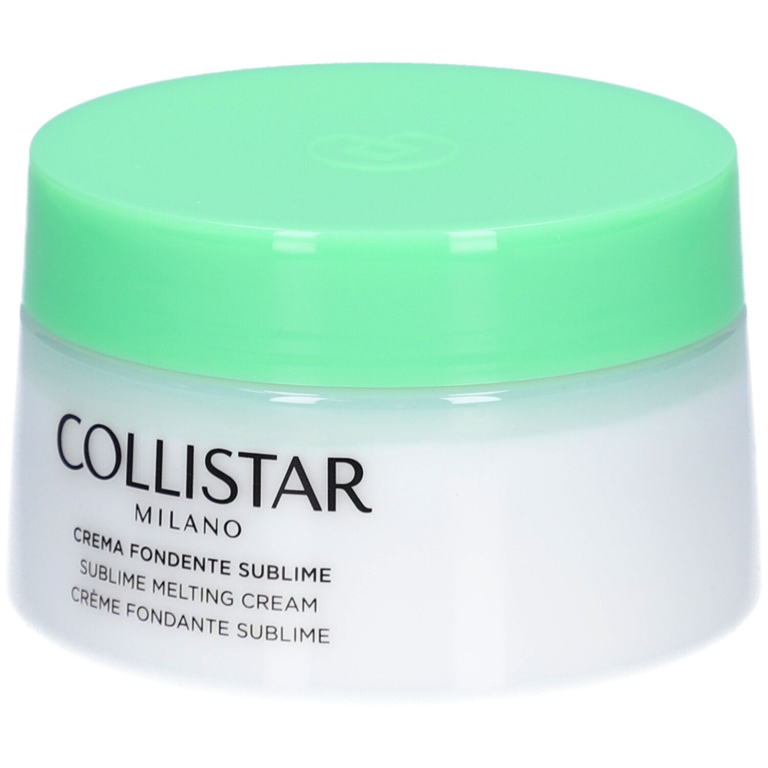 Creme-Tiegel mit grünem Deckel. Aufschrift: Collistar Milano, Crema Fondente Sublime, Sublime Melting Cream, Crème Fondante Sublime.
