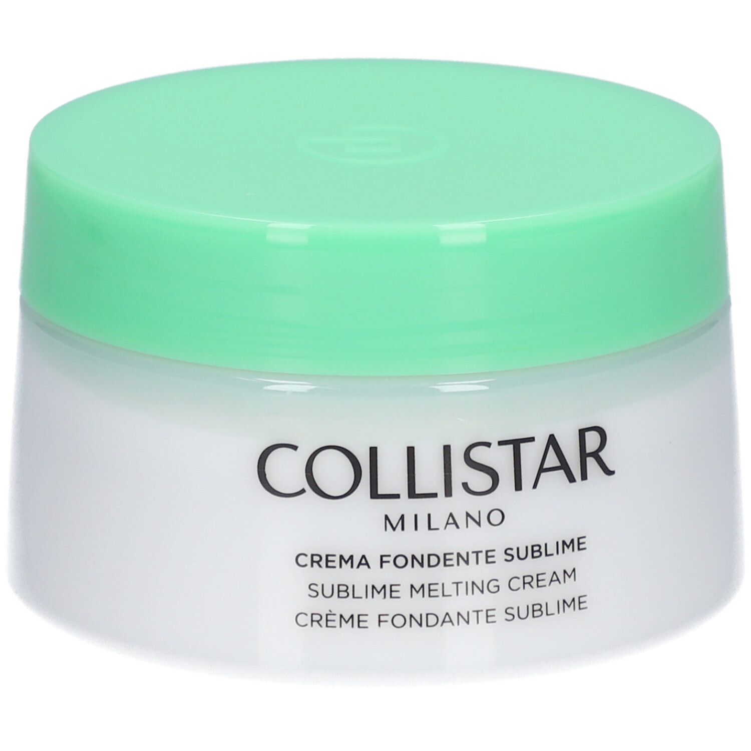 Creme-Tiegel mit grünem Deckel. Aufschrift: Collistar Milano, Crema Fondente Sublime, Sublime Melting Cream, Crème Fondante Sublime.