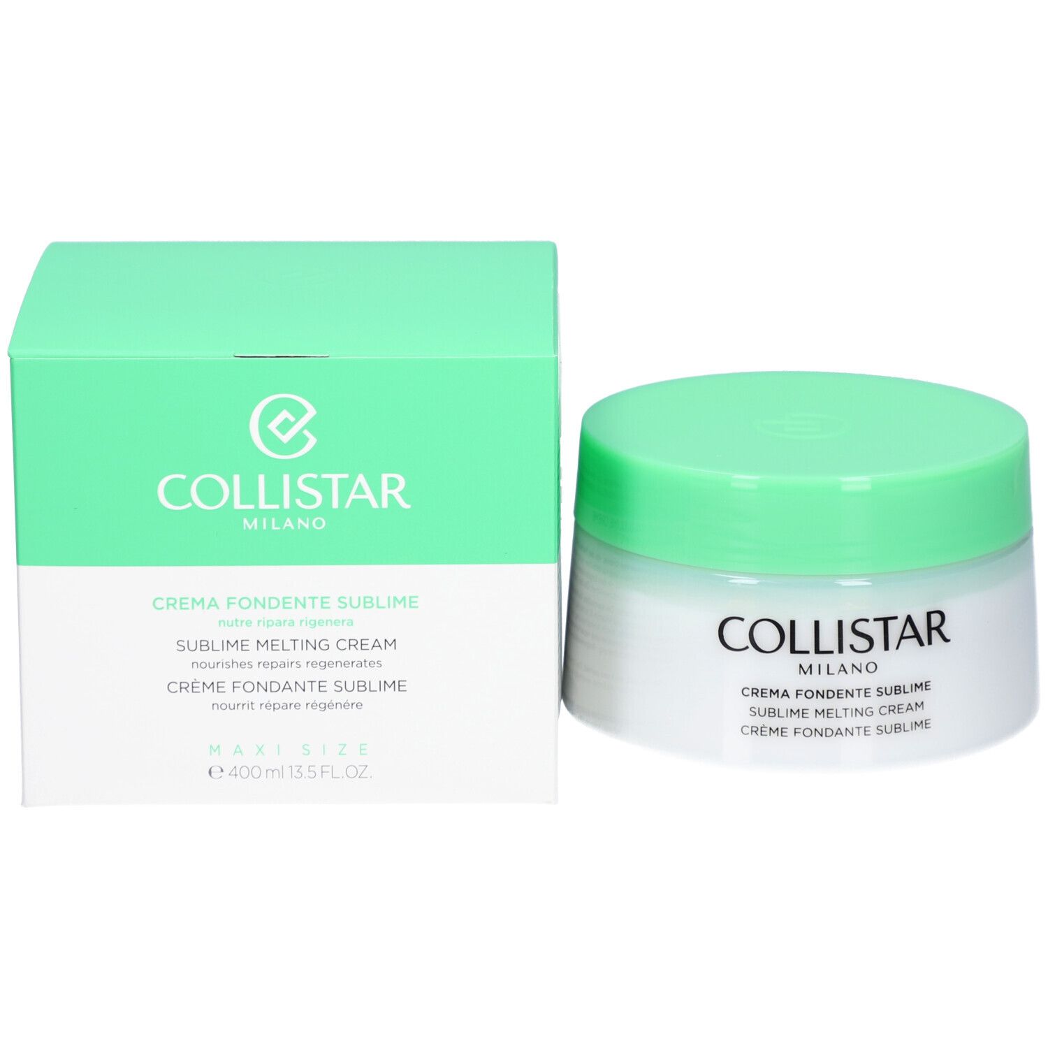 Creme-Tiegel und Schachtel. Aufschrift: Collistar Milano, Crema Fondente Sublime, Sublime Melting Cream, Crème Fondante Sublime, 400 ml.