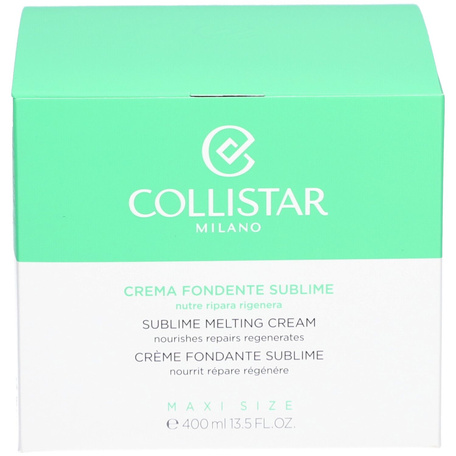 Schachtel mit Aufschrift: Collistar Milano, Crema Fondente Sublime, Sublime Melting Cream, Crème Fondante Sublime, 400 ml.