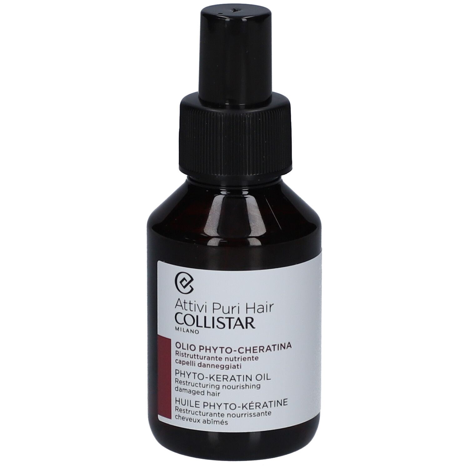 Bruine glazen fles met zwarte spraykop. Etiket met productnaam en merk Collistar.