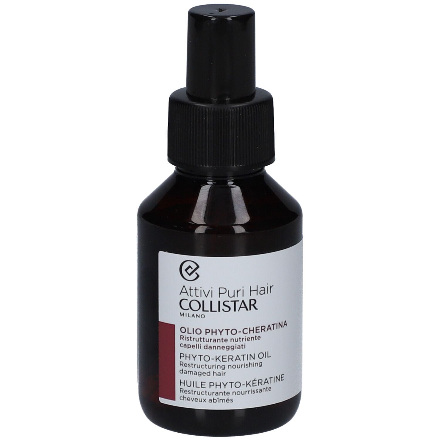 Bruine glazen fles met zwarte spraykop. Etiket met productnaam en merk Collistar.