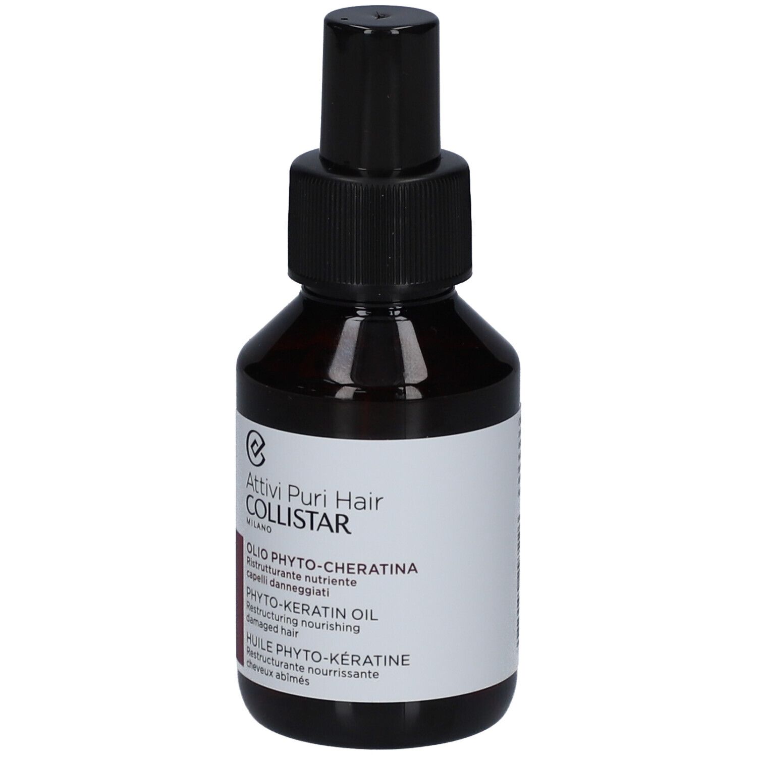 Bruine glazen fles met zwarte spraykop. Etiket met productnaam en merk Collistar.