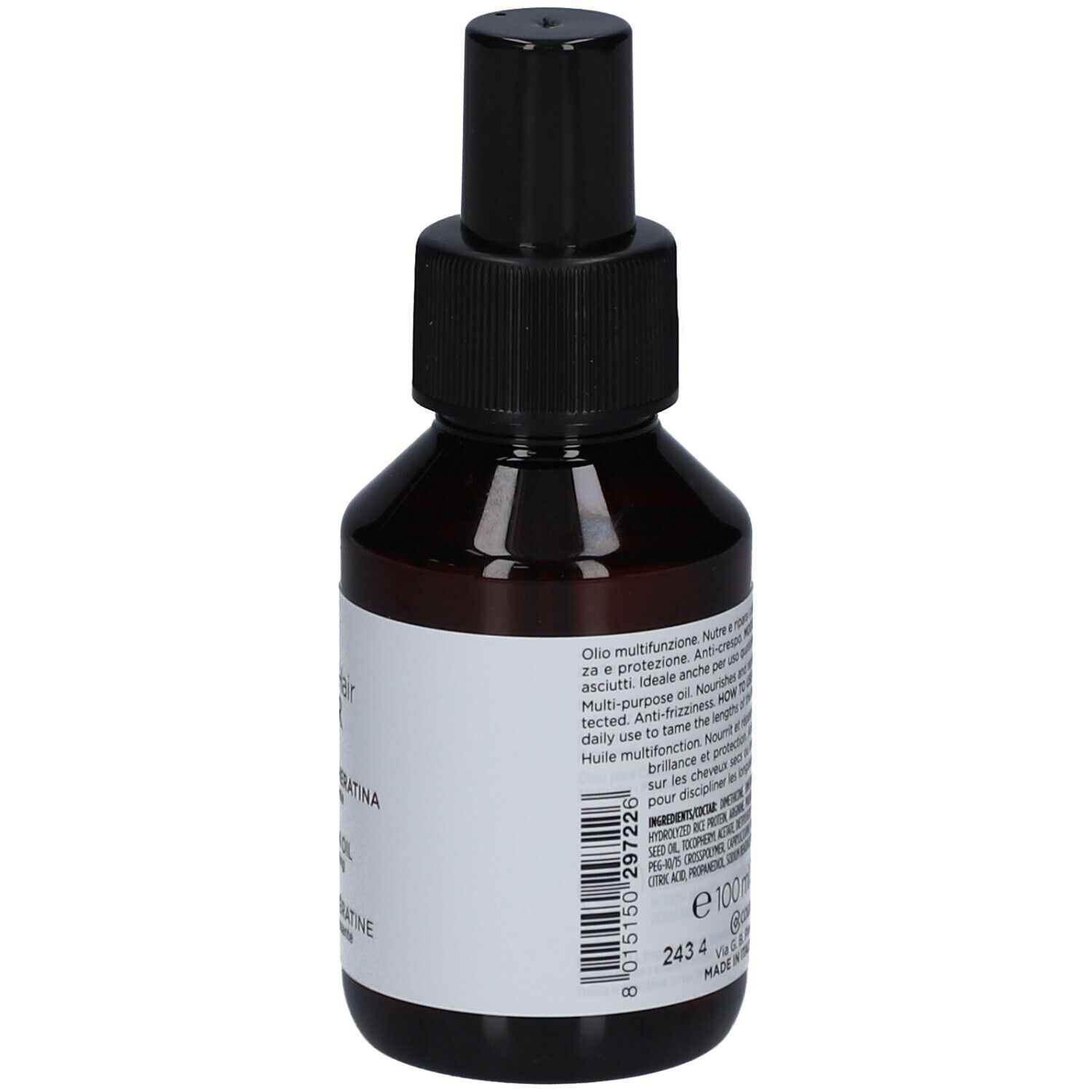 Bruine glazen fles met zwarte spraykop. Etiket met productnaam en merk Collistar.