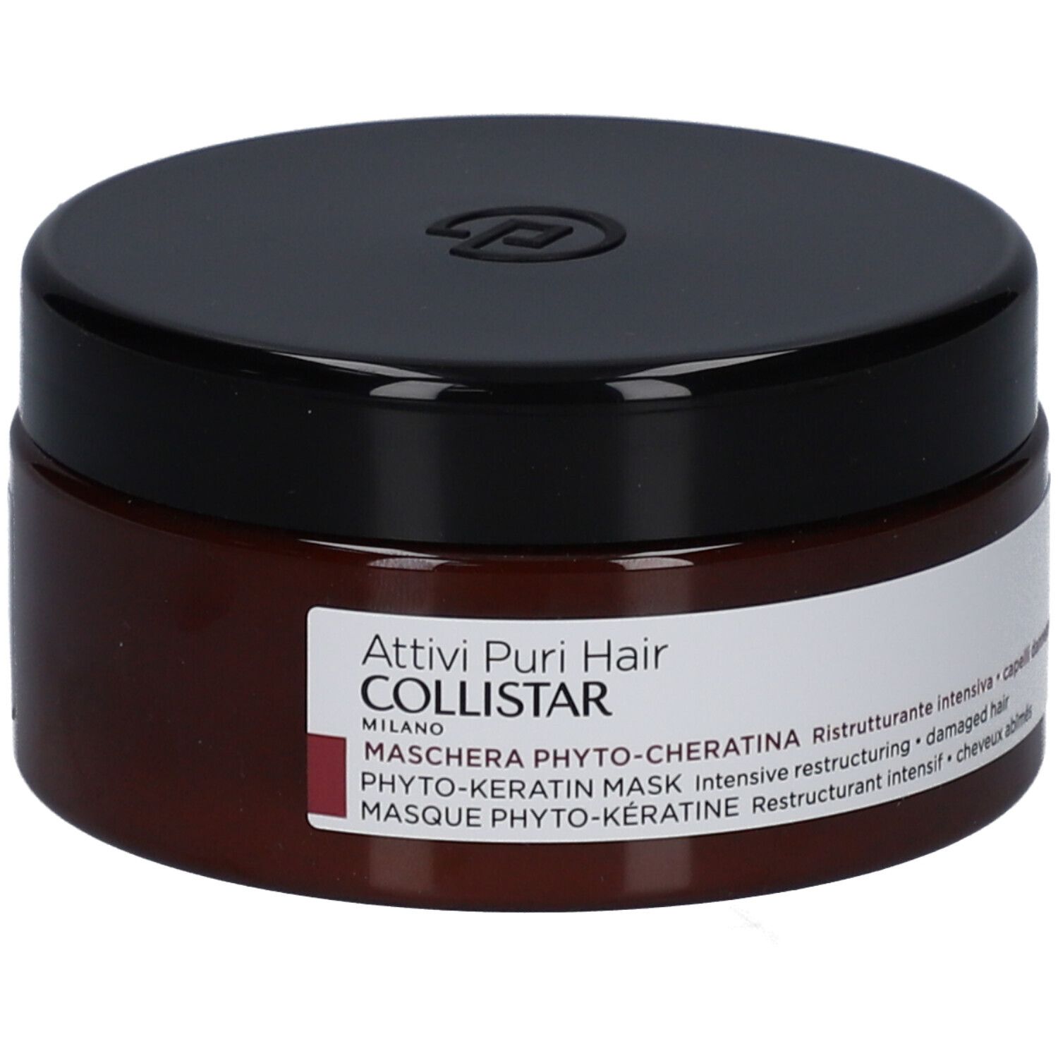 Braune Dose mit schwarzem Deckel. Aufschrift: Attivi Puri Hair Collistar, Maschera Phyto-Cheratina.