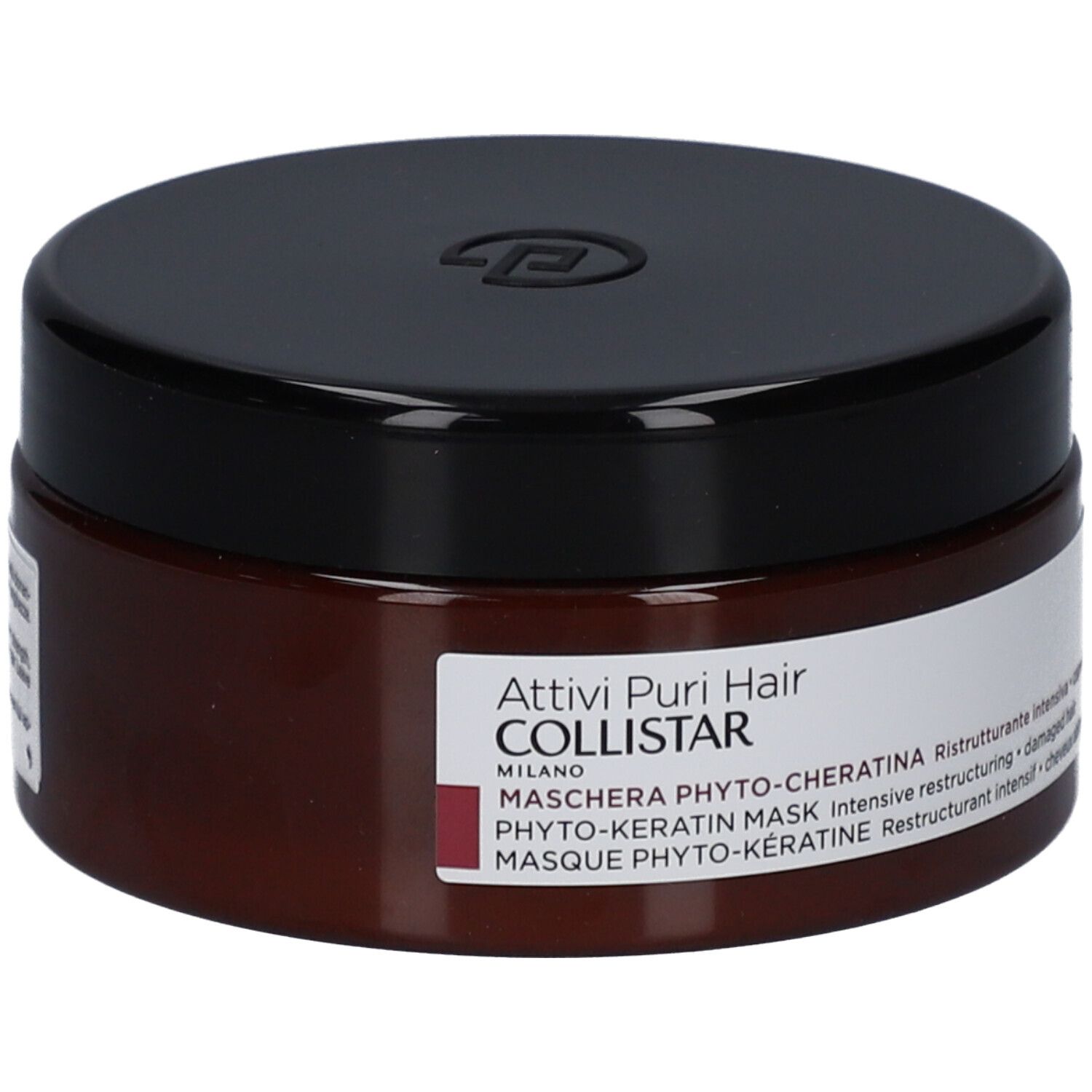 Braune Dose mit schwarzem Deckel. Aufschrift: Attivi Puri Hair Collistar, Maschera Phyto-Cheratina.
