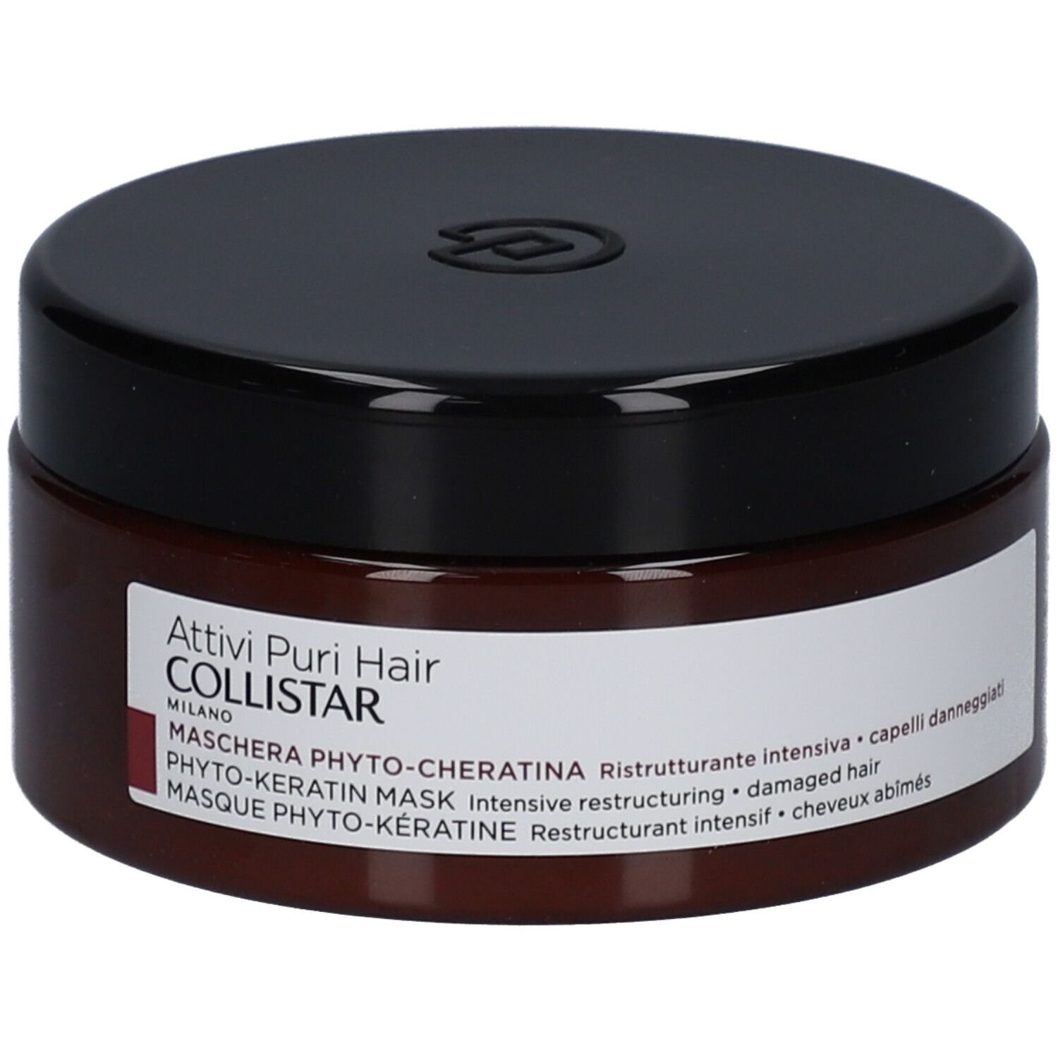 Braune Dose mit schwarzem Deckel. Aufschrift: Attivi Puri Hair Collistar, Maschera Phyto-Cheratina.