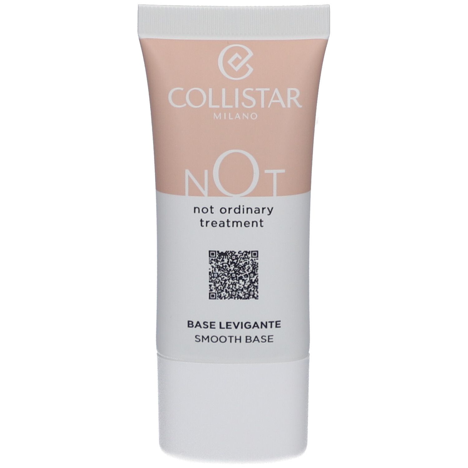 Cremetube, rosa-weiß. Aufdruck: Collistar-Logo, NOT, not ordinary treatment, QR-Code, BASE LEVIGANTE SMOOTH BASE.