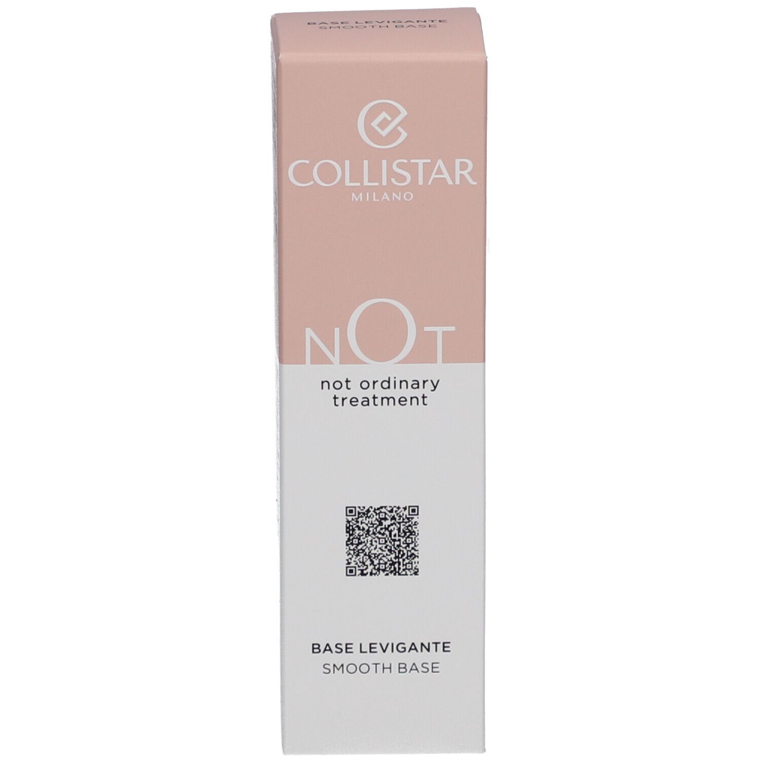 Schachtel, rosa-weiß. Aufdrucke: Collistar-Logo, NOT, not ordinary treatment, QR-Code, BASE LEVIGANTE SMOOTH BASE.
